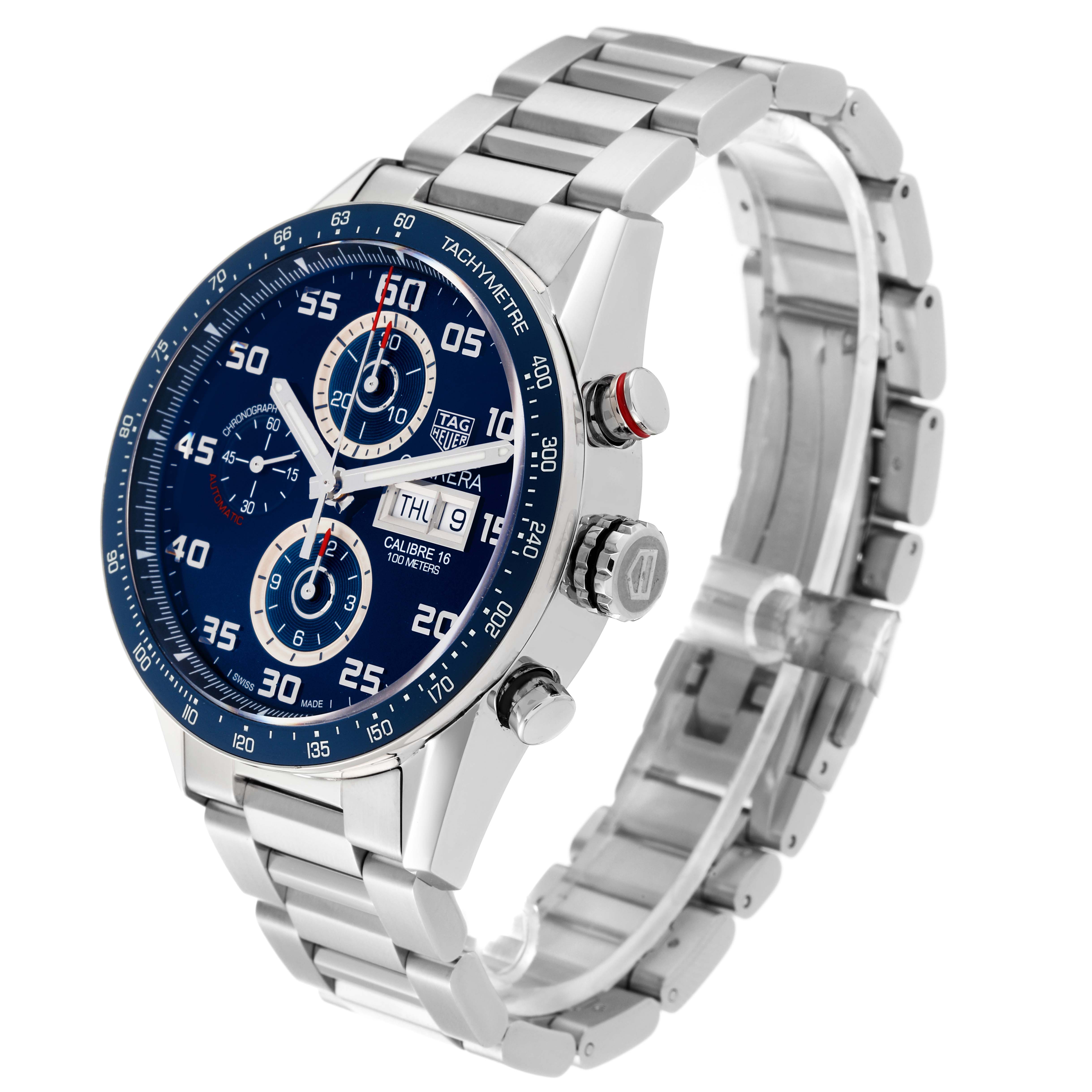 The image shows a Tag Heuer Carrera CV2A1V.BA0738 Men's Stainless Steel Blue Dial CV2A1V.BA0738 Men's Stainless Steel Blue Dial model watch angled to display the face, bezel, side buttons, and metal bracelet.