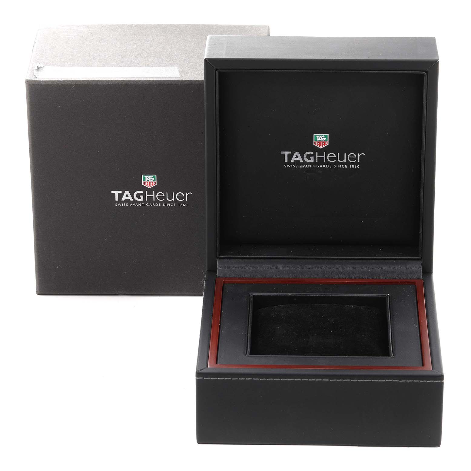 The image shows a Tag Heuer Carrera CV2A1V.BA0738 Men's Stainless Steel Blue Dial CV2A1V.BA0738 Men's Stainless Steel Blue Dial watch box and packaging from a front angle.