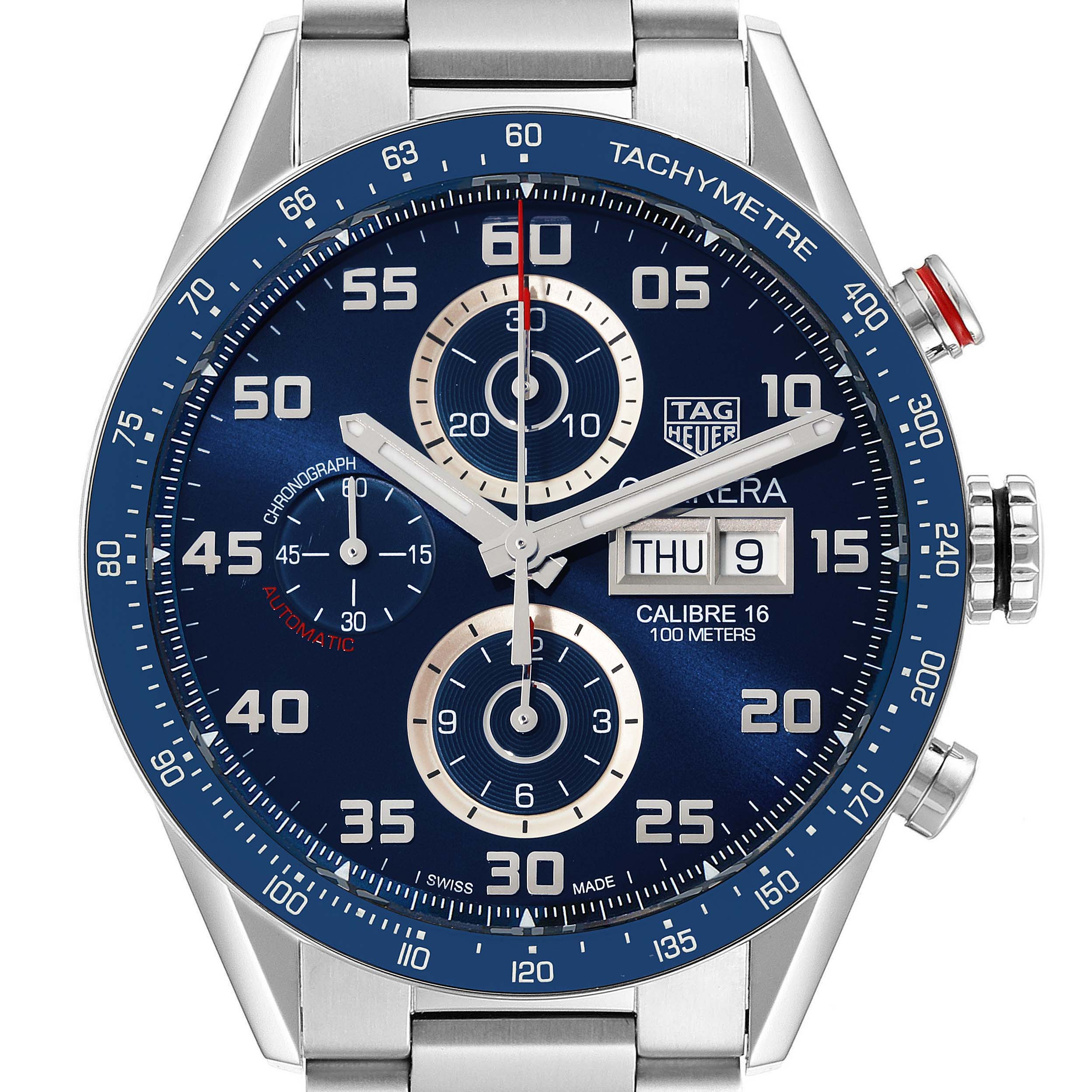 The image shows a front view of a Tag Heuer Carrera CV2A1V.BA0738 Men's Stainless Steel Blue Dial CV2A1V.BA0738 Men's Stainless Steel Blue Dial watch, displaying the face, dial, and bezel with a tachymeter scale.