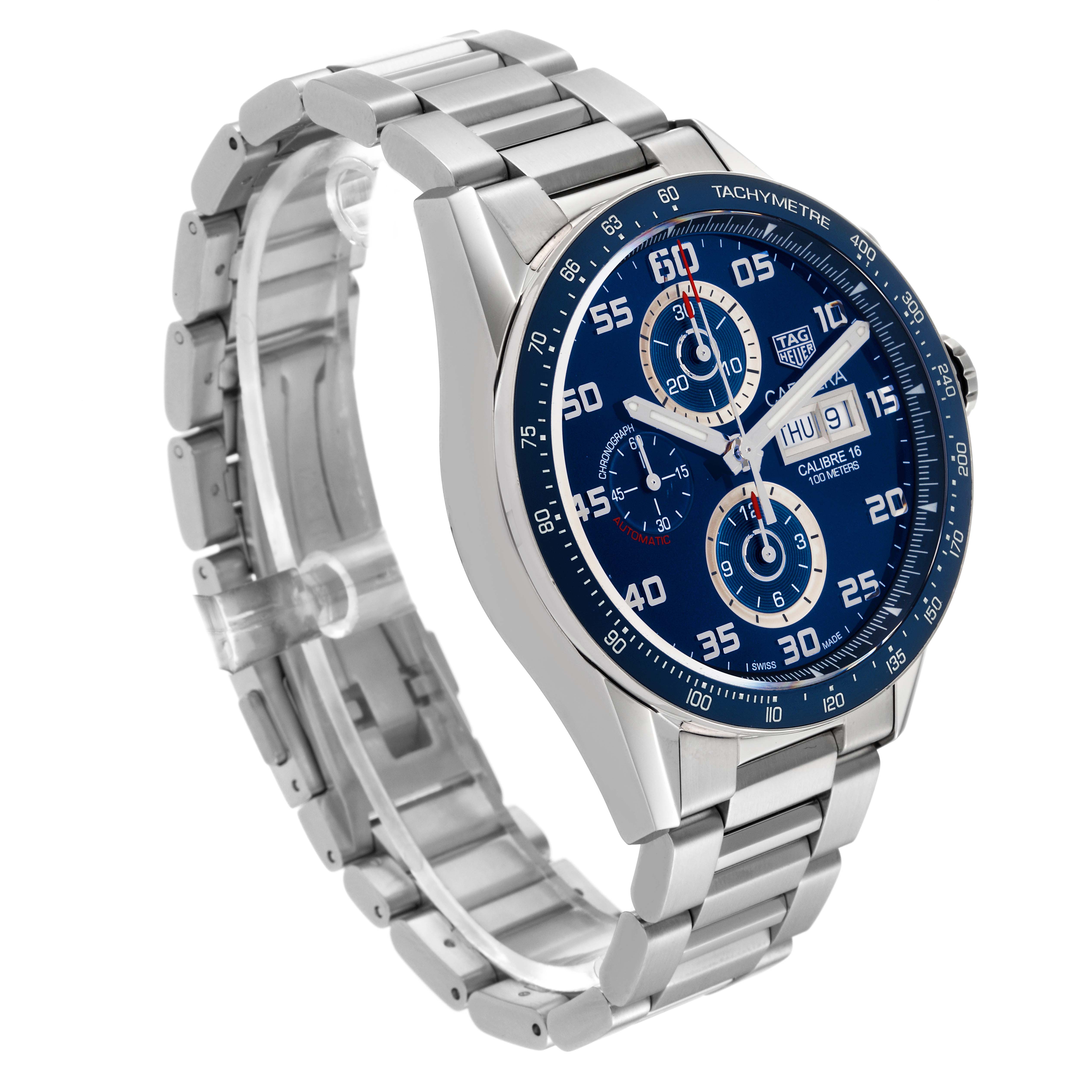 The image shows a Tag Heuer Carrera CV2A1V.BA0738 Men's Stainless Steel Blue Dial CV2A1V.BA0738 Men's Stainless Steel Blue Dial watch at a three-quarter angle, highlighting its stainless steel bracelet and blue dial.