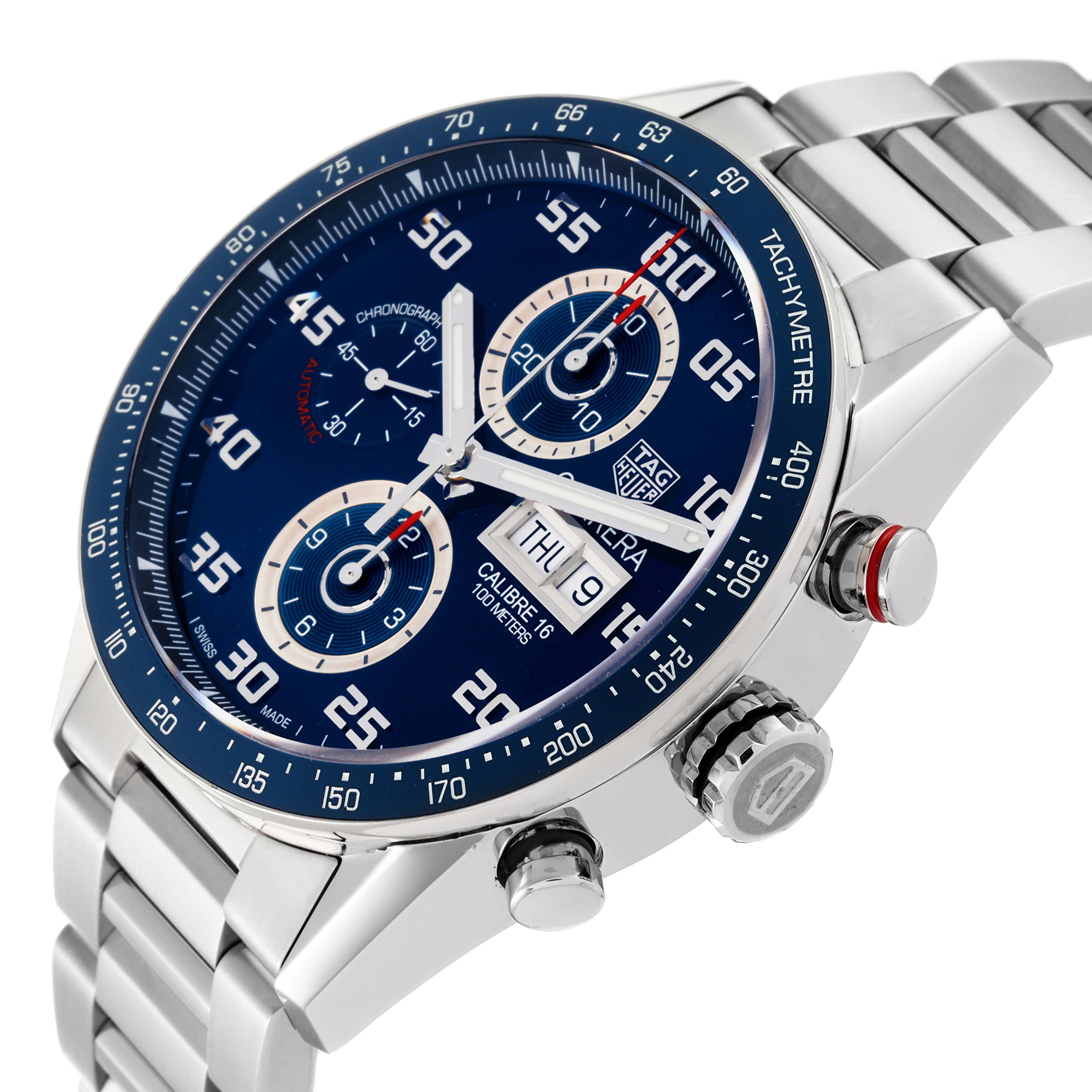 This image shows a close-up, angled view of the Tag Heuer Carrera CV2A1V.BA0738 Men's Stainless Steel Blue Dial CV2A1V.BA0738 Men's Stainless Steel Blue Dial watch, highlighting its dial, tachymeter bezel, pushers, and crown.