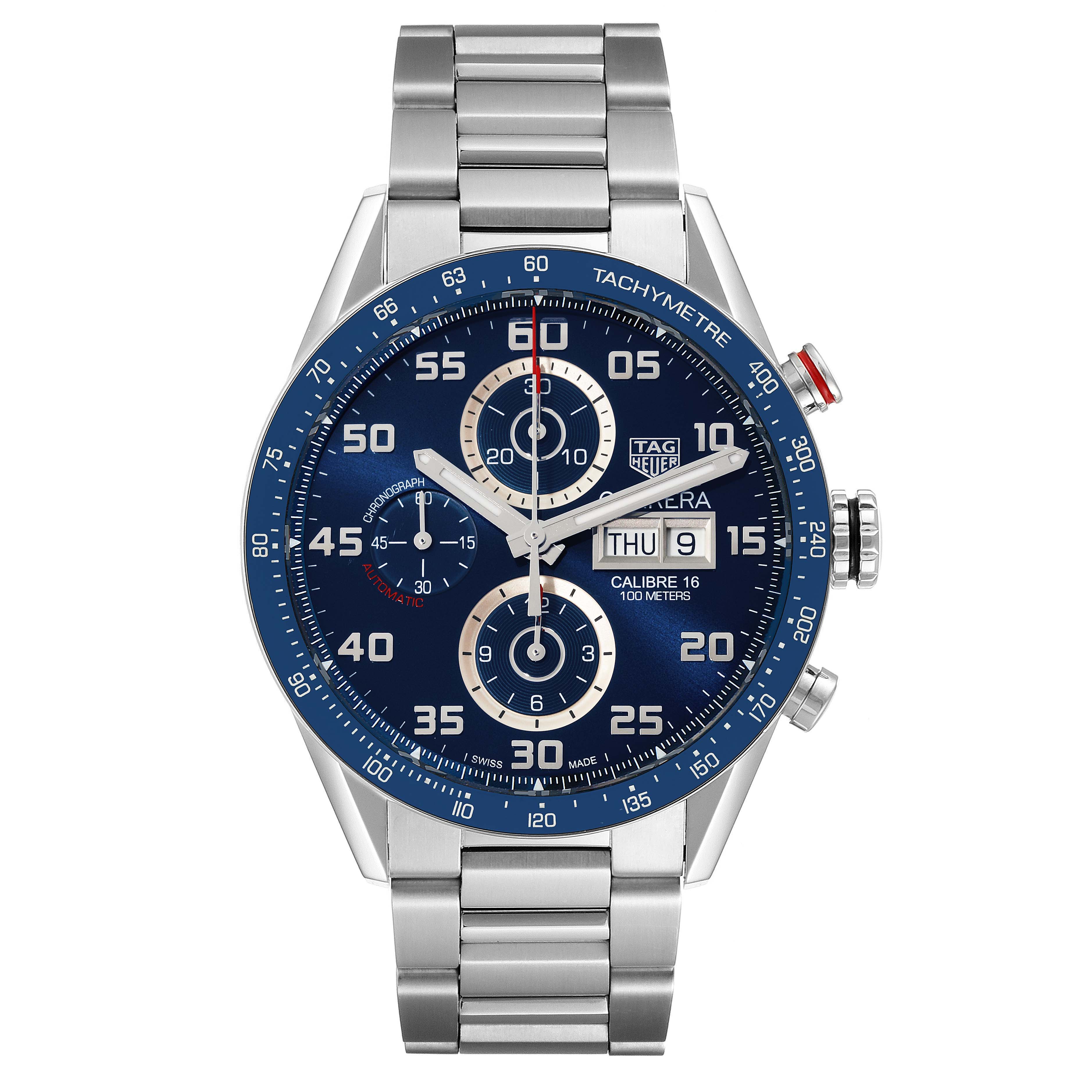 The image shows a front view of a Tag Heuer Carrera CV2A1V.BA0738 Men's Stainless Steel Blue Dial CV2A1V.BA0738 Men's Stainless Steel Blue Dial watch with a blue dial, chronograph subdials, and a metal bracelet.