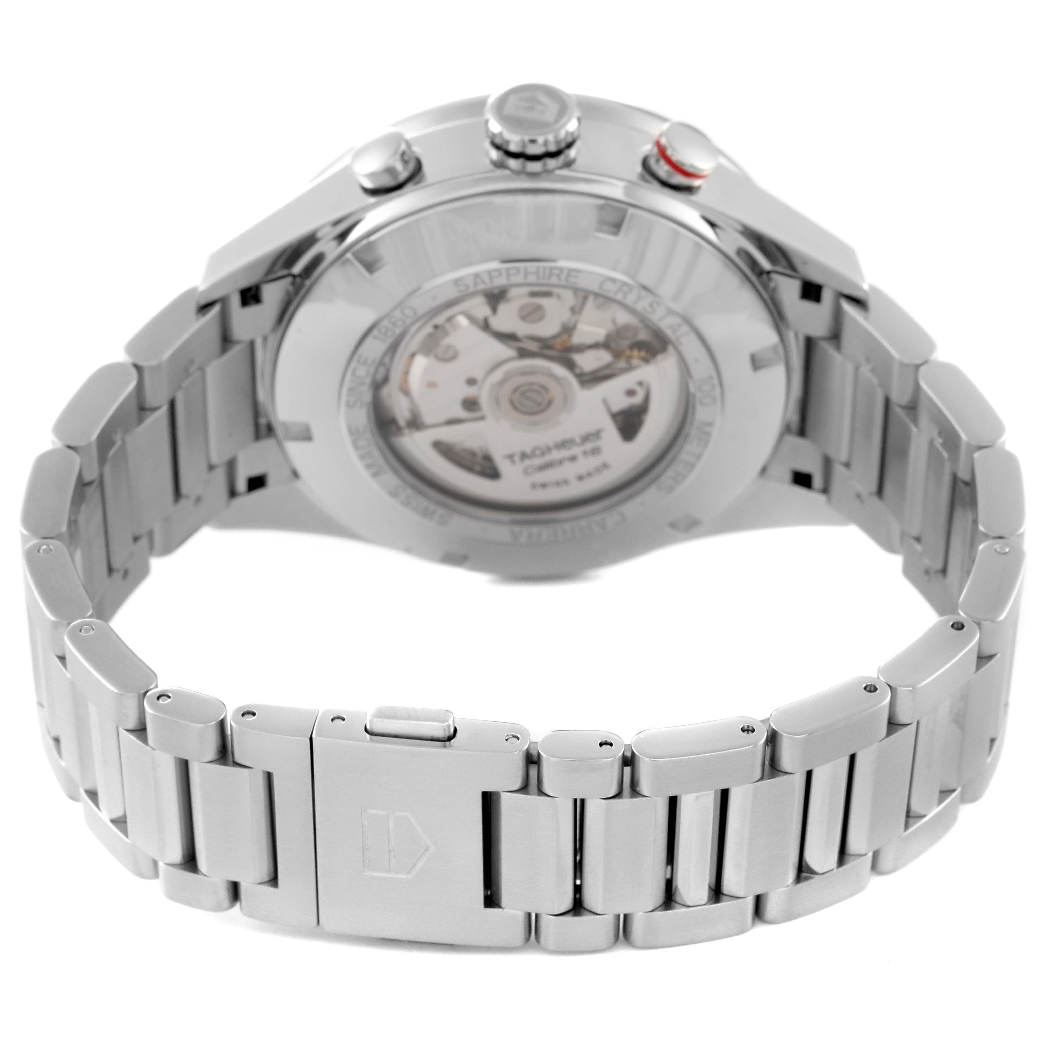 The image shows the back view of a Tag Heuer Carrera CV2A1V.BA0738 Men's Stainless Steel Blue Dial CV2A1V.BA0738 Men's Stainless Steel Blue Dial watch, highlighting its clasp, bracelet, and transparent case back.