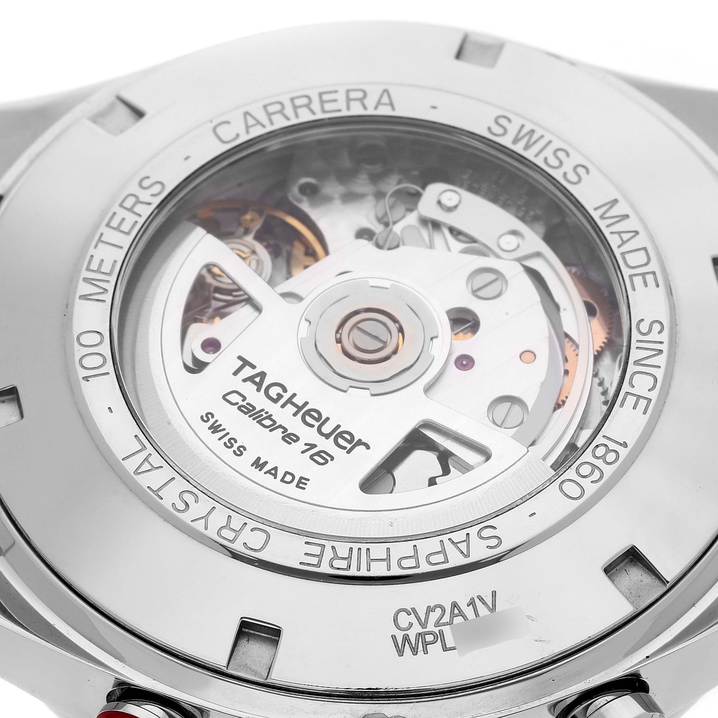 The image shows the back of a Tag Heuer Carrera CV2A1V.BA0738 Men's Stainless Steel Blue Dial CV2A1V.BA0738 Men's Stainless Steel Blue Dial watch, revealing the Calibre 16 movement and other internal components.
