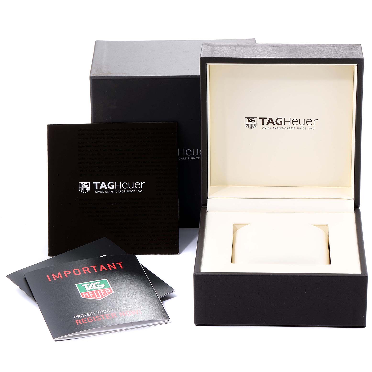 This image shows the packaging and documentation for the Tag Heuer Carrera CAR2090.BH0729 Men
s Titanium Black Dial CAR2090.BH0729 Men
s Titanium Black Dial model.