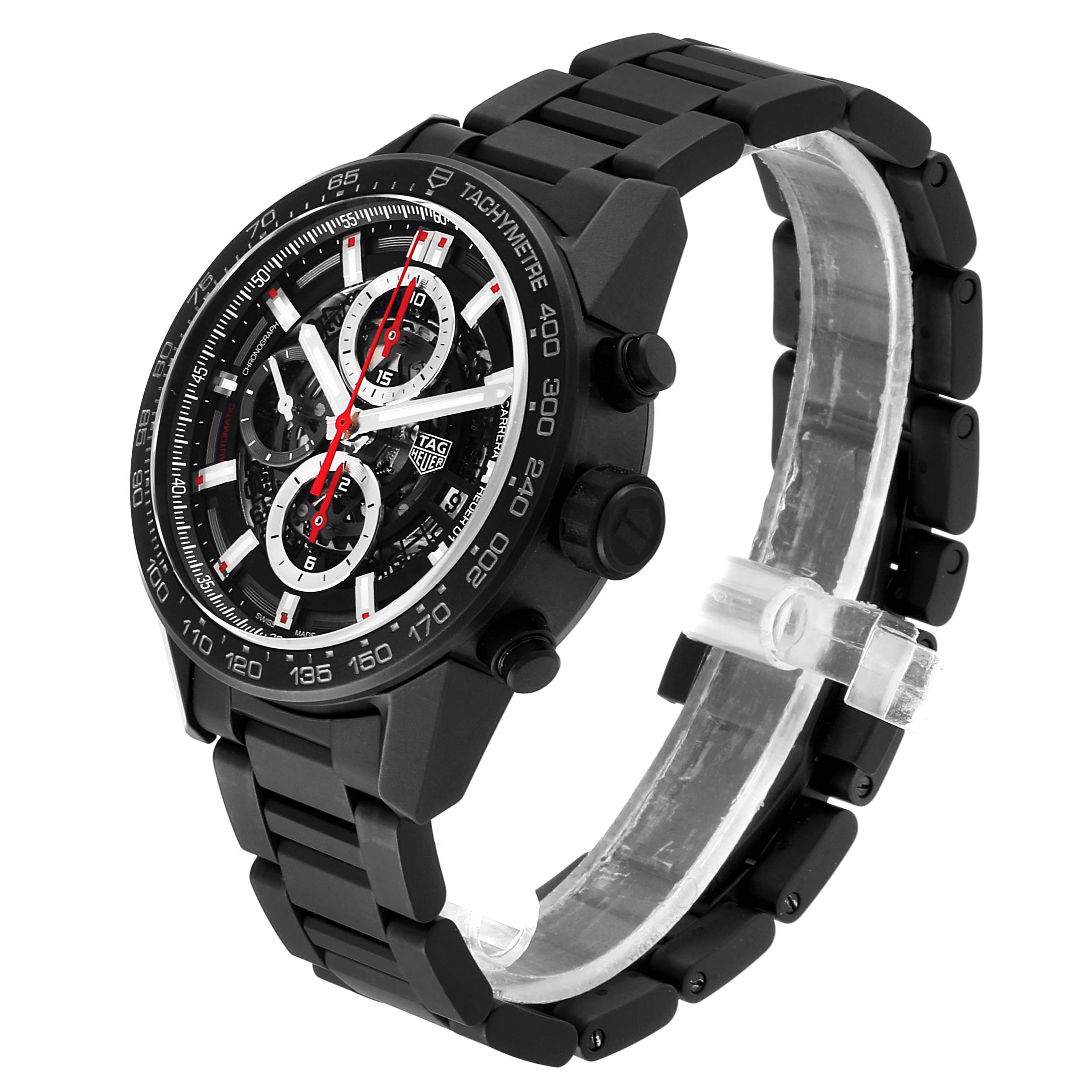The image shows a black Tag Heuer Carrera CAR2090.BH0729 Men
s Titanium Black Dial CAR2090.BH0729 Men
s Titanium Black Dial watch at a front-side angle, highlighting the watch face and bracelet.