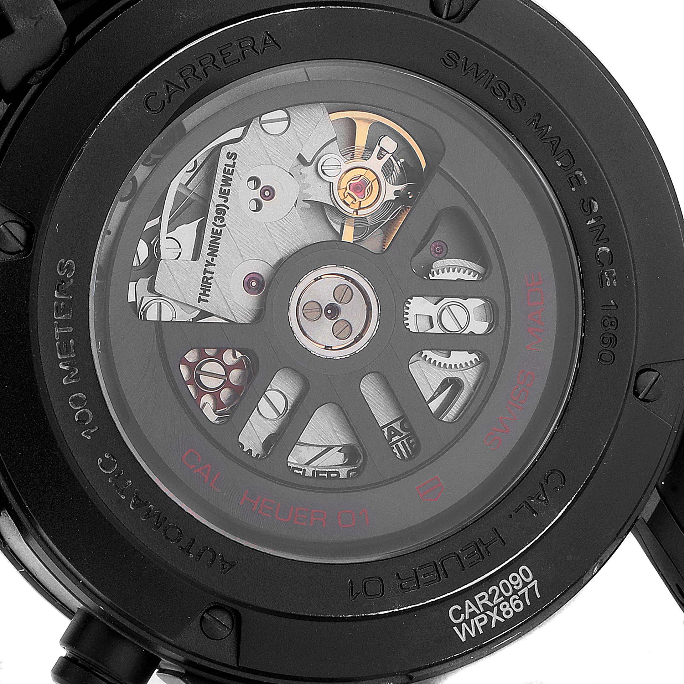 The image shows the back view of a Tag Heuer Carrera CAR2090.BH0729 Men
s Titanium Black Dial CAR2090.BH0729 Men
s Titanium Black Dial watch model, revealing its internal mechanism and moving parts.