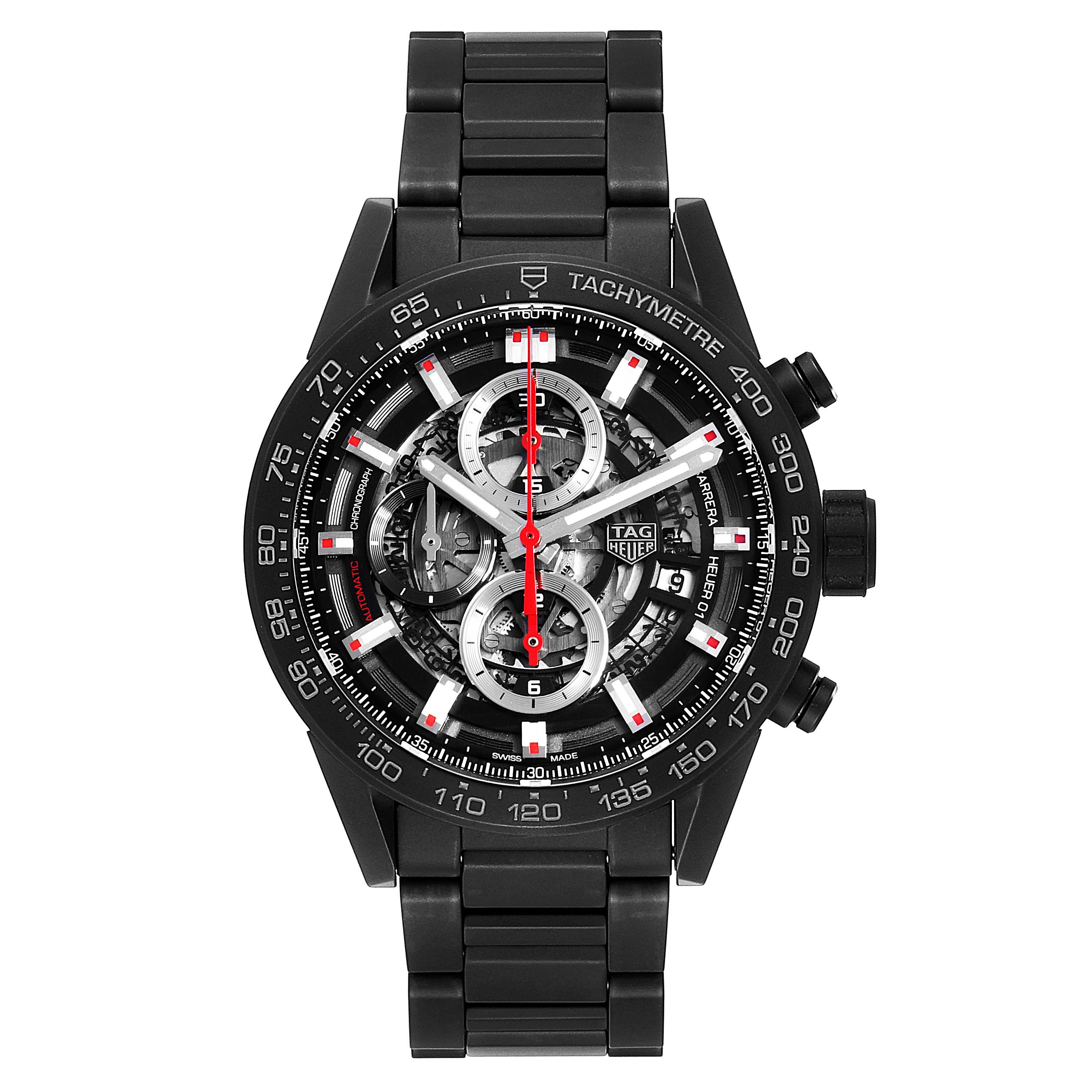 The image shows a front view of a Tag Heuer Carrera CAR2090.BH0729 Men
s Titanium Black Dial CAR2090.BH0729 Men
s Titanium Black Dial watch, highlighting its face, tachymeter bezel, and black metal bracelet.