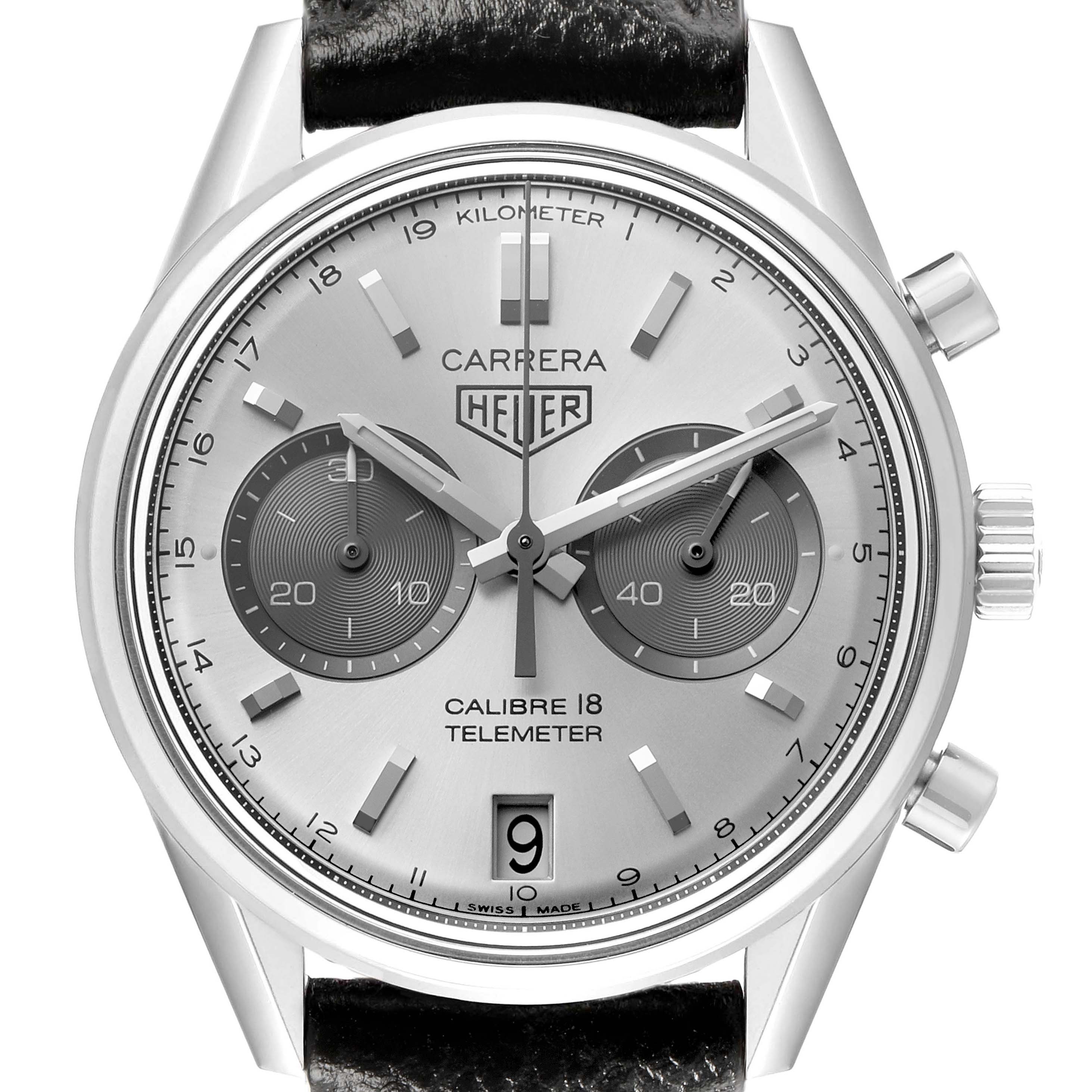 The Tag Heuer Carrera CAR221A Men's Stainless Steel Silver Dial watch is shown from the front, displaying its dial, bezel, pushers, and crown.