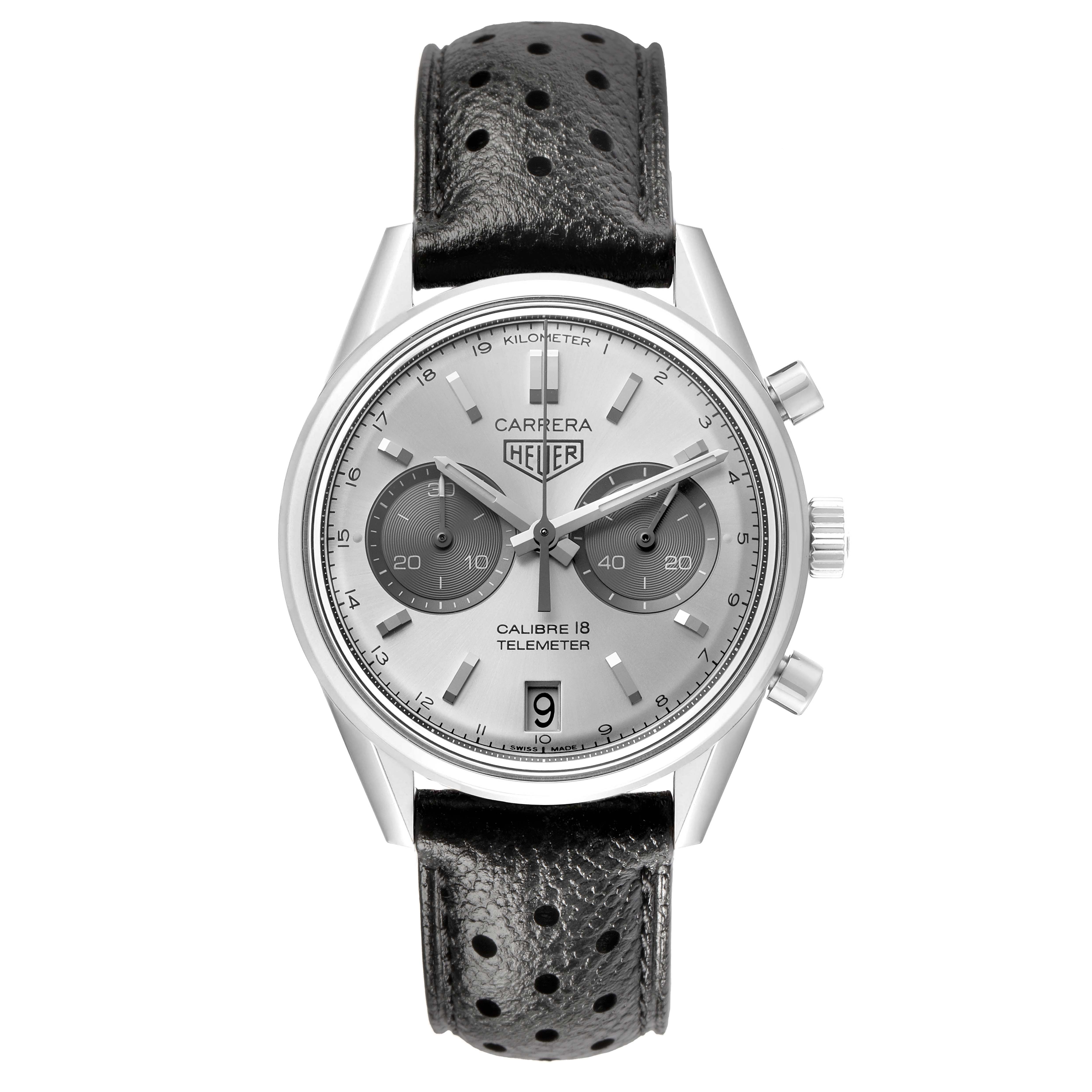 The Tag Heuer Carrera CAR221A Men's Stainless Steel Silver Dial watch is shown from a front angle, displaying the dial, subdials, and perforated black leather strap.