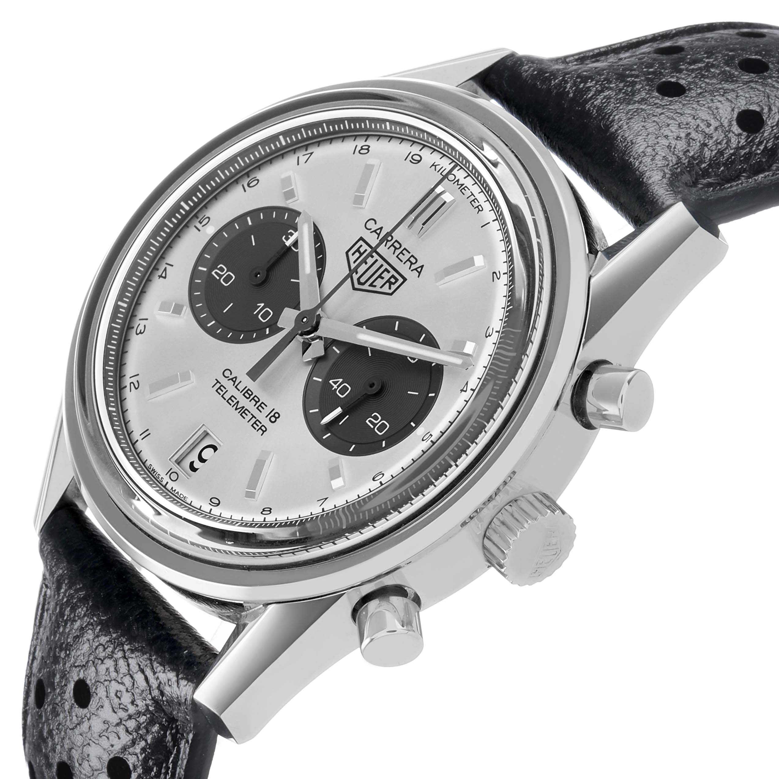 The Tag Heuer Carrera CAR221A Men's Stainless Steel Silver Dial watch is shown at a slight side angle, highlighting the dial, case, crown, and pushers.