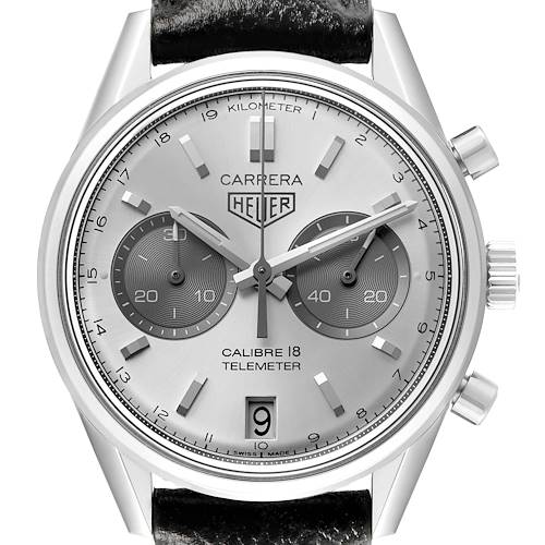 The Tag Heuer Carrera CAR221A Men's Stainless Steel Silver Dial watch is shown from the front, displaying the dial, subdials, date window, and pushers.