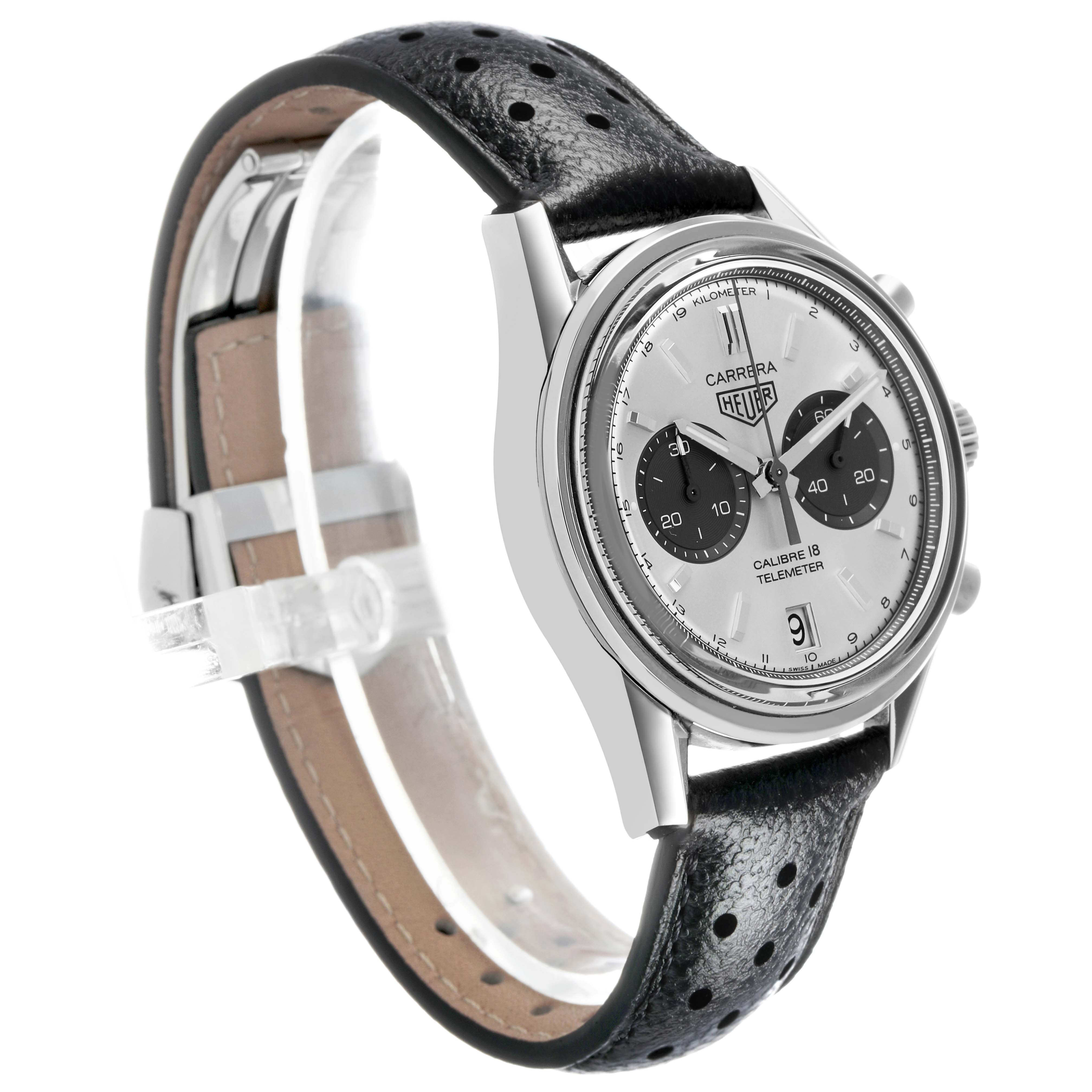 The Tag Heuer Carrera CAR221A Men's Stainless Steel Silver Dial watch is shown from a three-quarter angle, highlighting the face, bezel, and perforated leather strap.