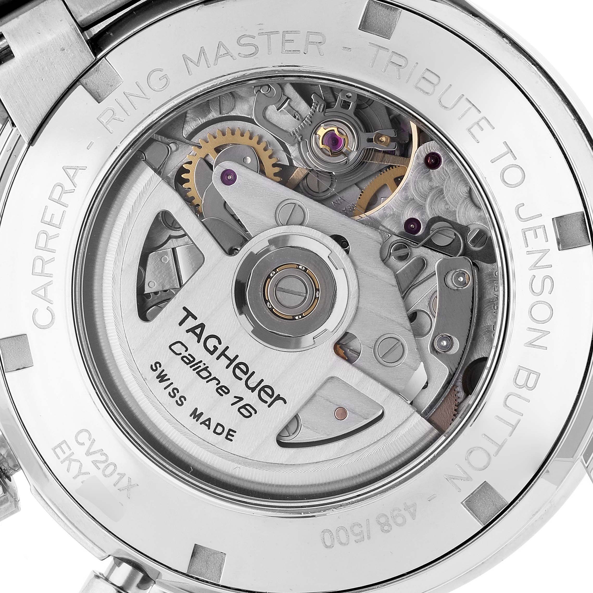 This image shows the back view of the Tag Heuer Carrera Ring Master Limited Edition watch, exposing its movement mechanism.