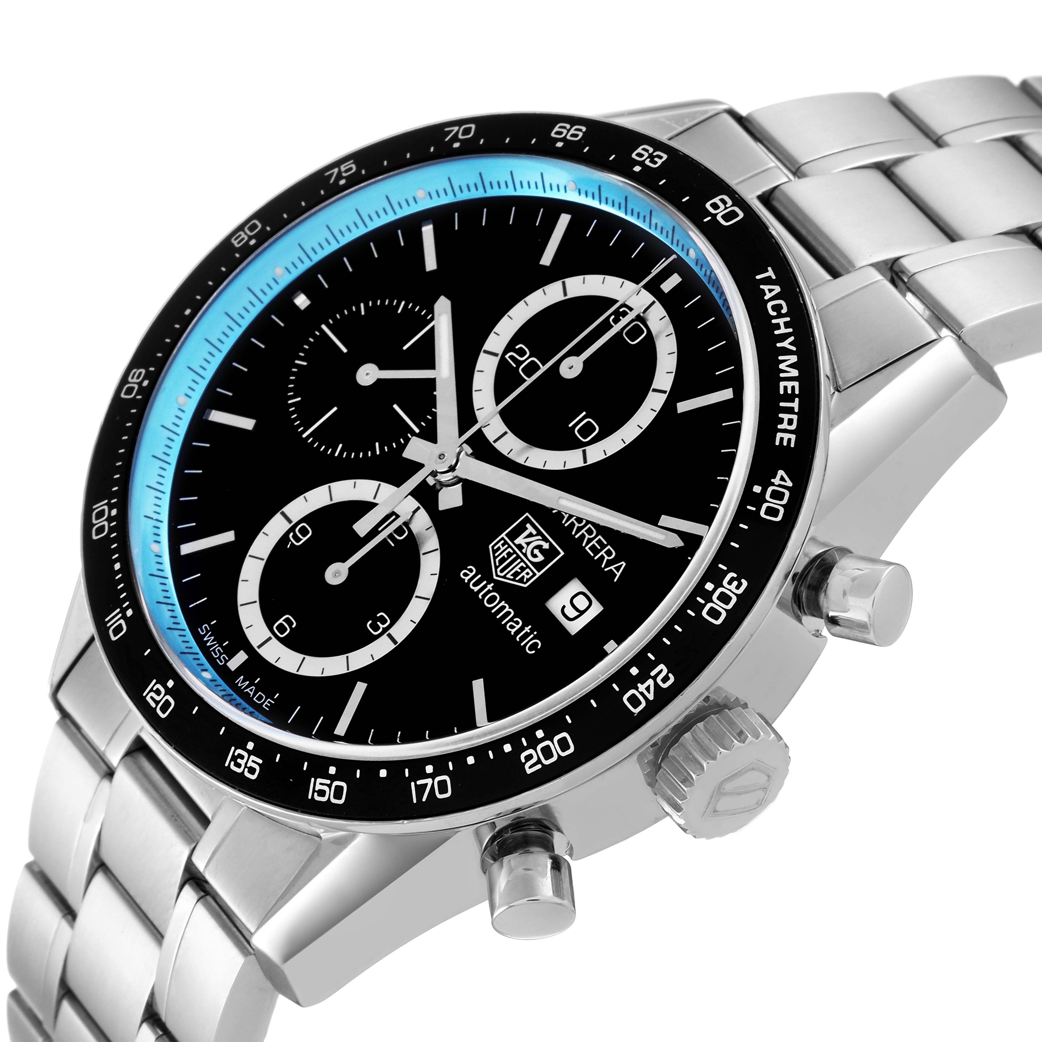 This image shows the Tag Heuer Carrera Limited Edition watch, viewed from an angle showcasing the dial, crown, and metal bracelet.