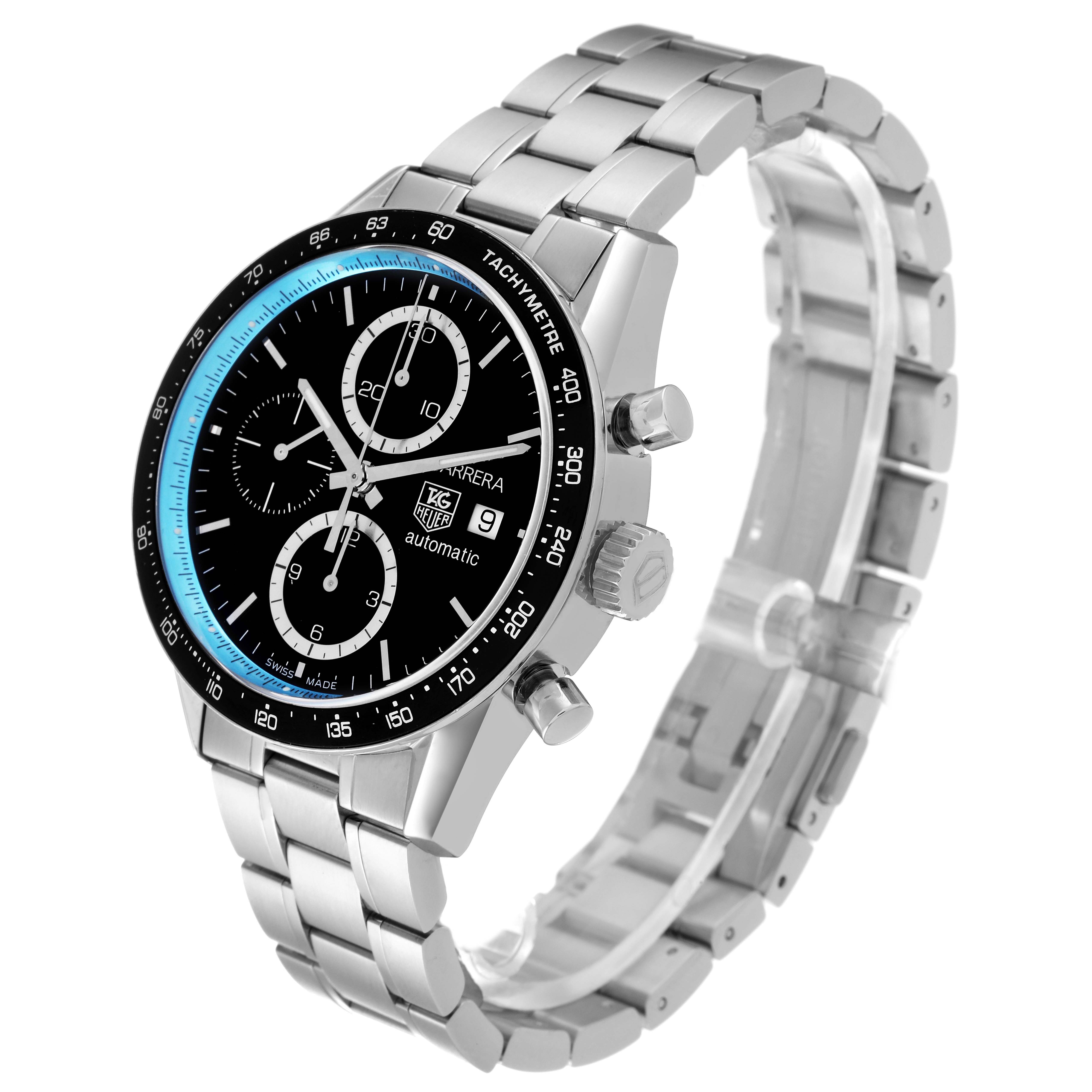 The image shows a Tag Heuer Carrera Limited Edition watch at a three-quarter angle, highlighting its face, bracelet, and side buttons.