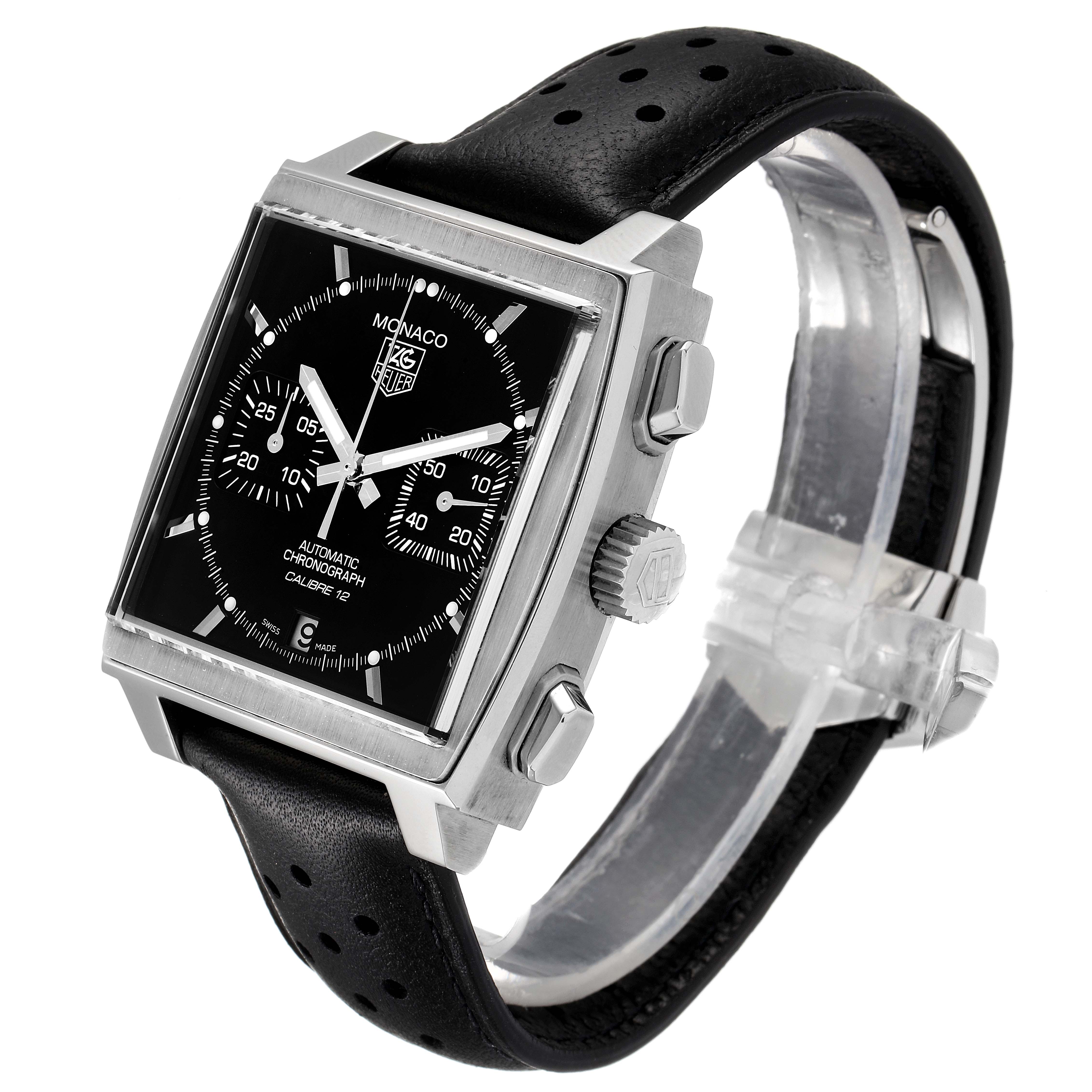 This image shows a side-angle view of the Tag Heuer Monaco CAW2110.FC6177 Men's Stainless Steel Black Dial CAW2110.FC6177 Men's Stainless Steel Black Dial watch, highlighting its face, crown, pushers, and perforated leather strap.