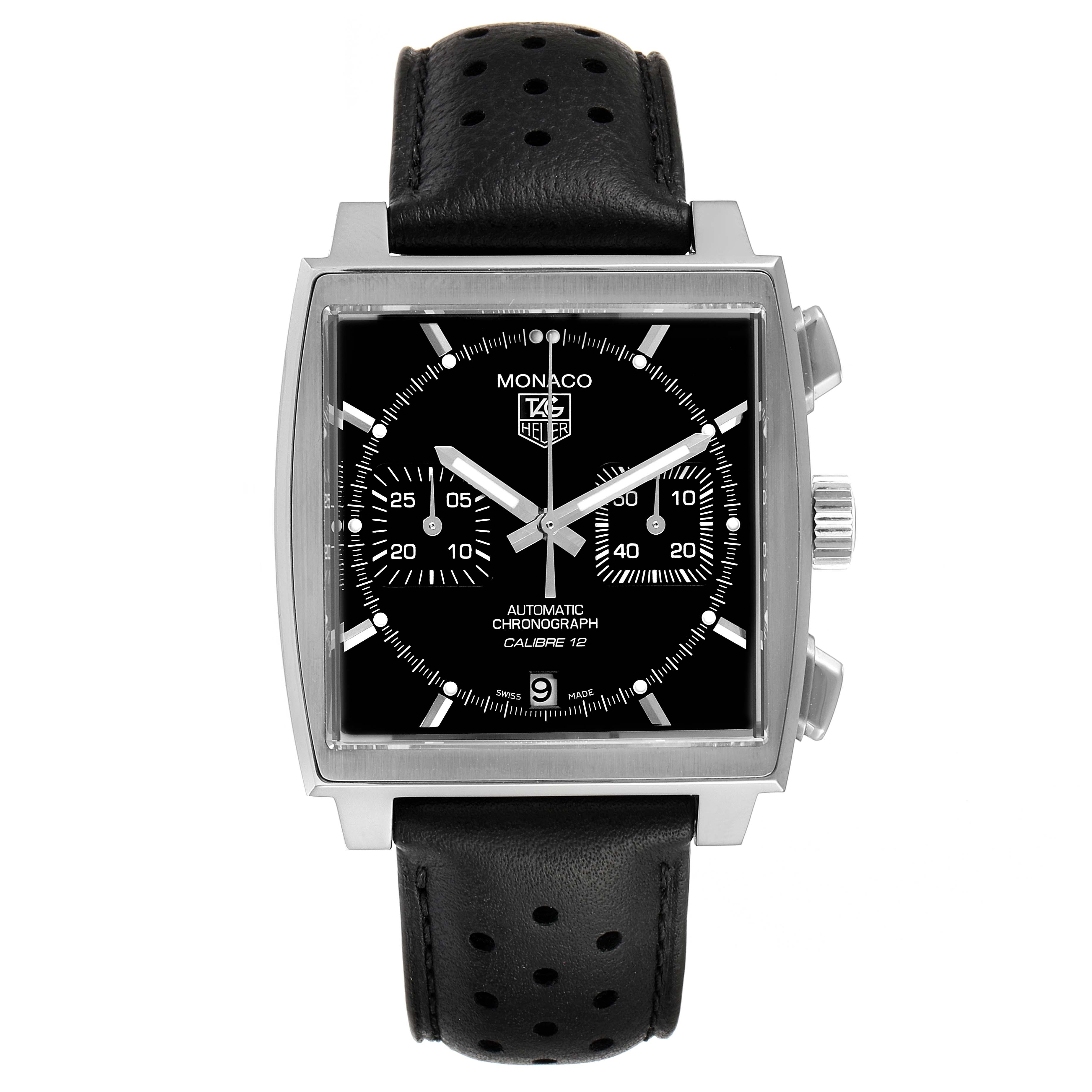 Shown from a front angle, the Tag Heuer Monaco CAW2110.FC6177 Men's Stainless Steel Black Dial CAW2110.FC6177 Men's Stainless Steel Black Dial watch features a black dial, chronograph subdials, and a black leather strap.