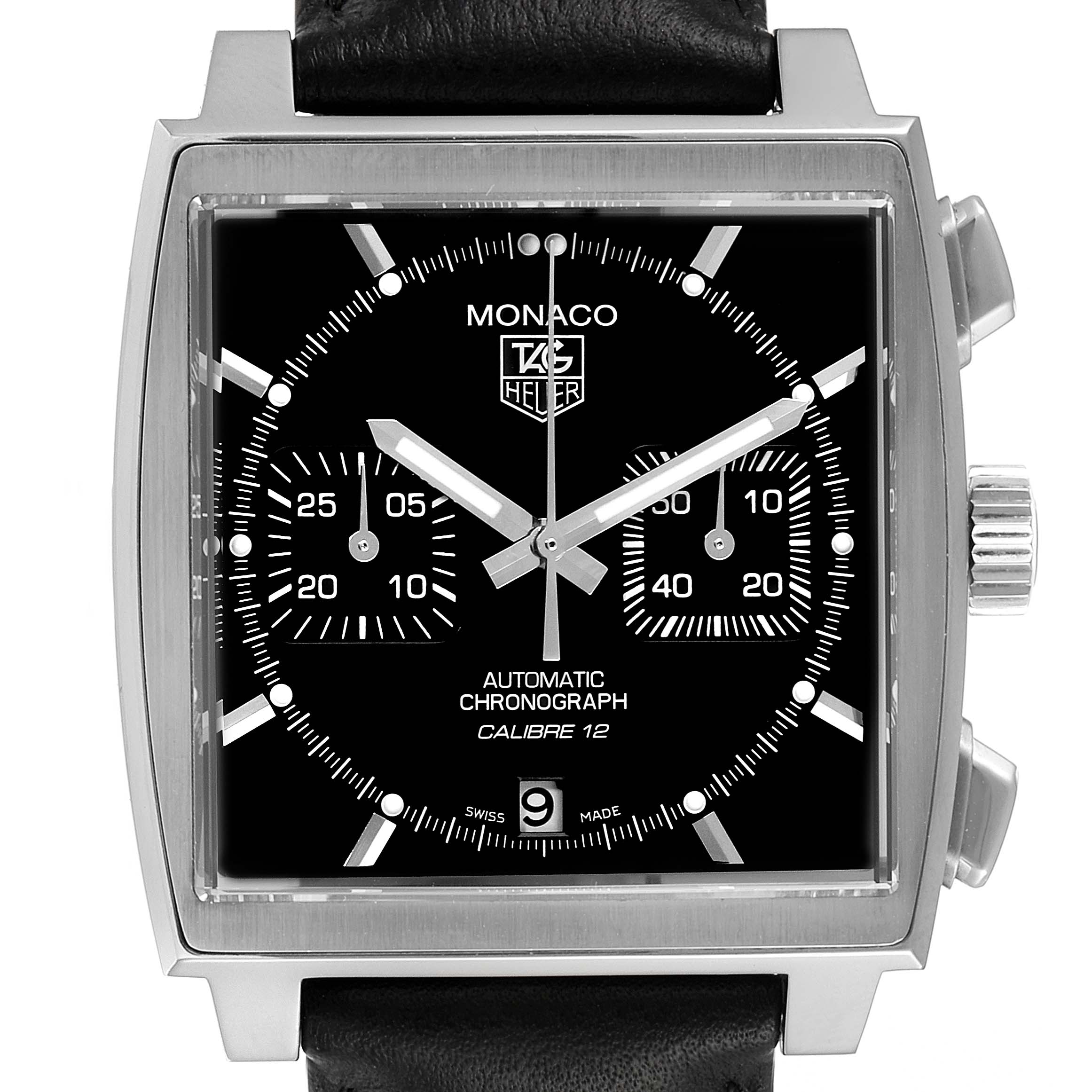 The image shows a front view of the Tag Heuer Monaco CAW2110.FC6177 Men's Stainless Steel Black Dial CAW2110.FC6177 Men's Stainless Steel Black Dial model watch, highlighting its black dial, chronograph sub-dials, and square case.