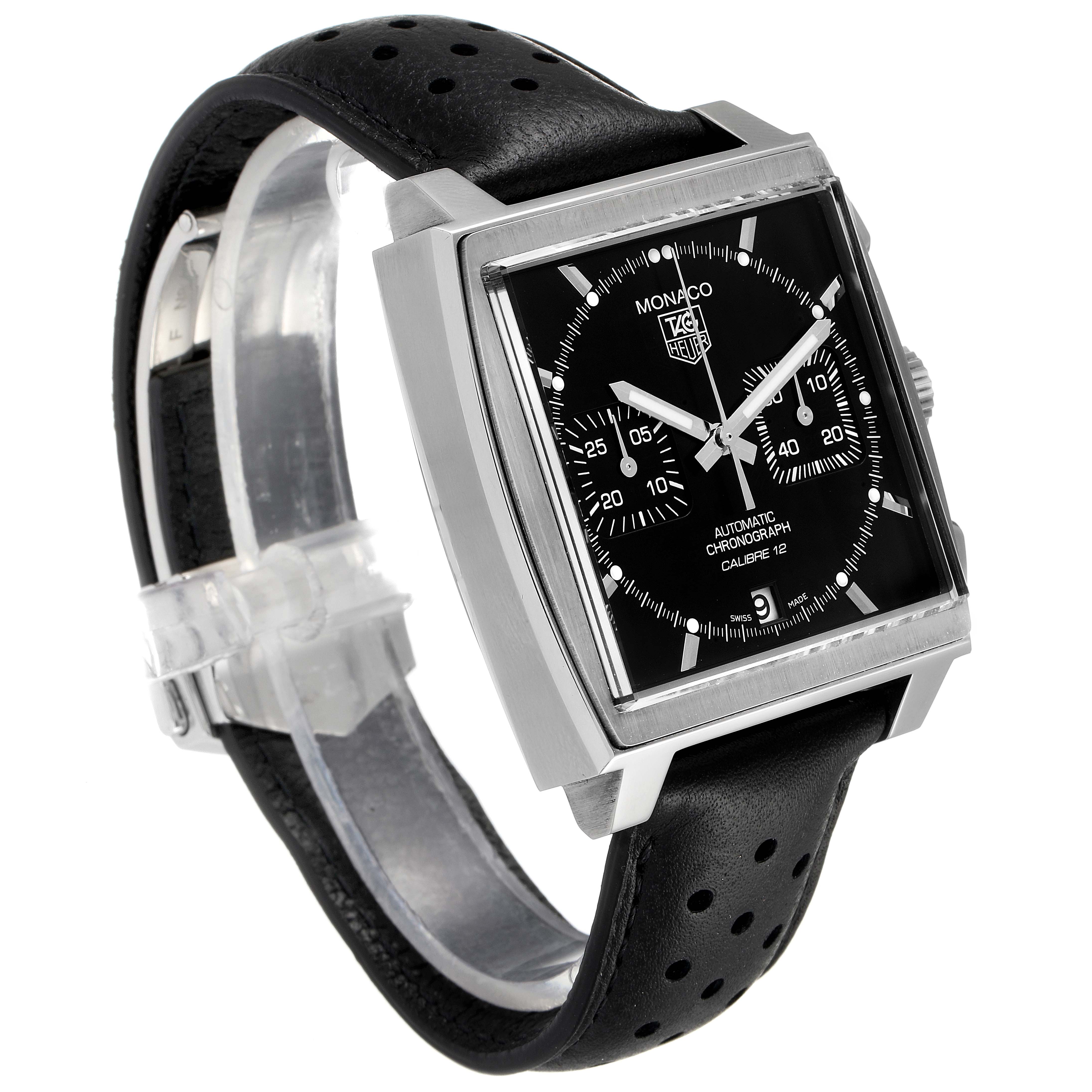 The image shows a Tag Heuer Monaco CAW2110.FC6177 Men's Stainless Steel Black Dial CAW2110.FC6177 Men's Stainless Steel Black Dial watch from an angled side view, highlighting its rectangular face and black leather strap.