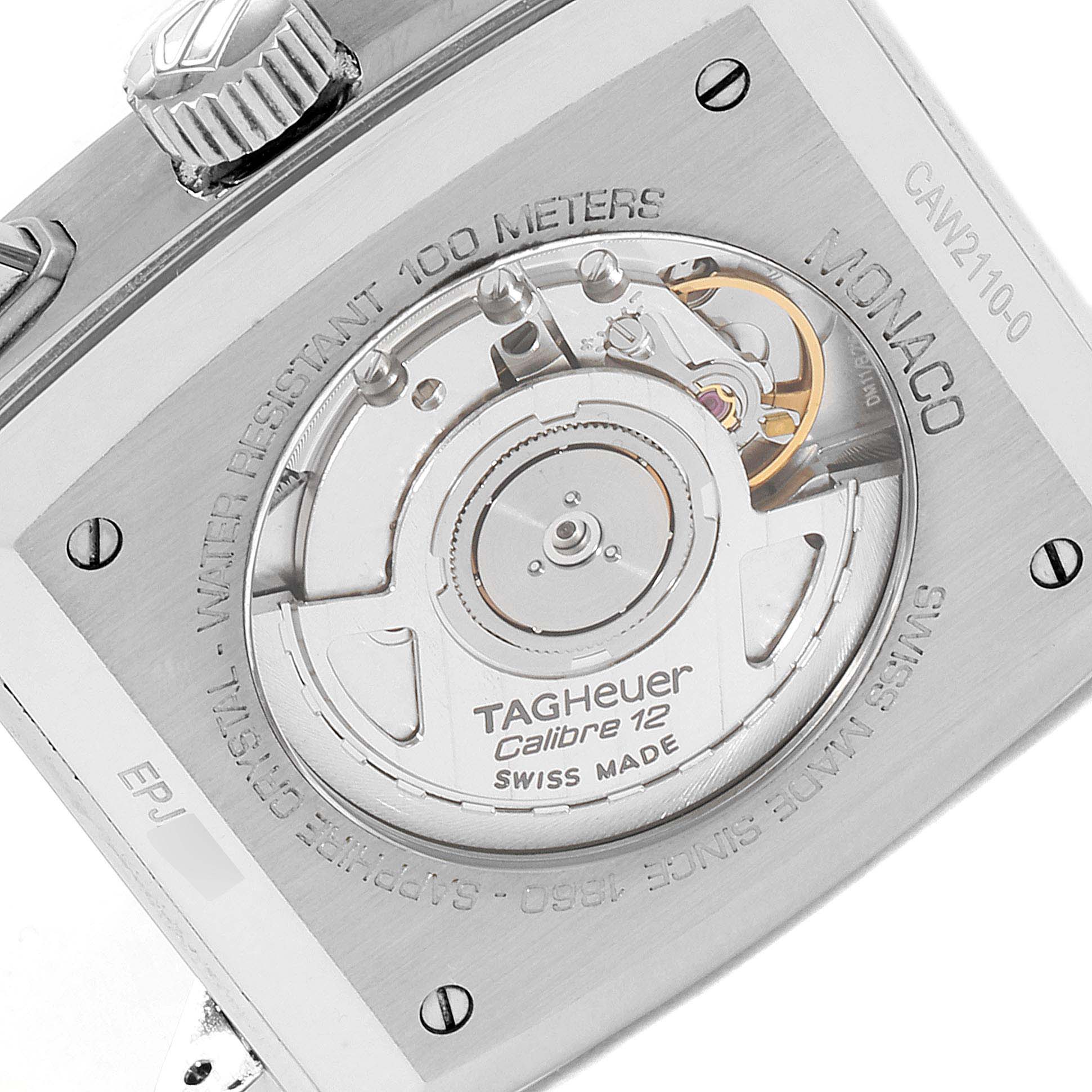 This image shows the back case of the Tag Heuer Monaco CAW2110.FC6177 Men's Stainless Steel Black Dial CAW2110.FC6177 Men's Stainless Steel Black Dial watch, highlighting its movement and water resistance details.