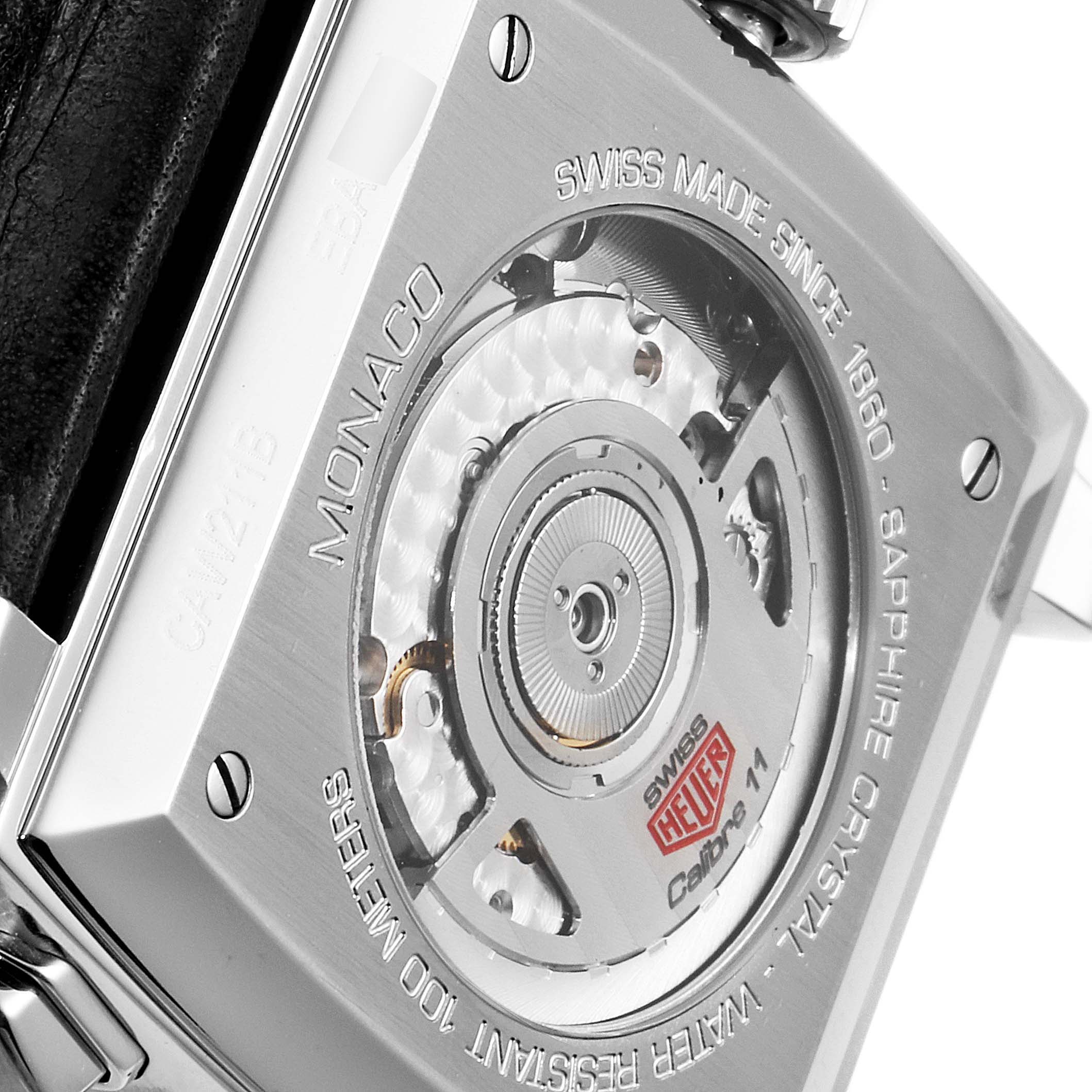The image shows the back view of the Tag Heuer Limited Edition CAW211B Men's Stainless Steel Grey Dial CAW211B Men's Stainless Steel Grey Dial Monaco watch, highlighting the movement and case details.