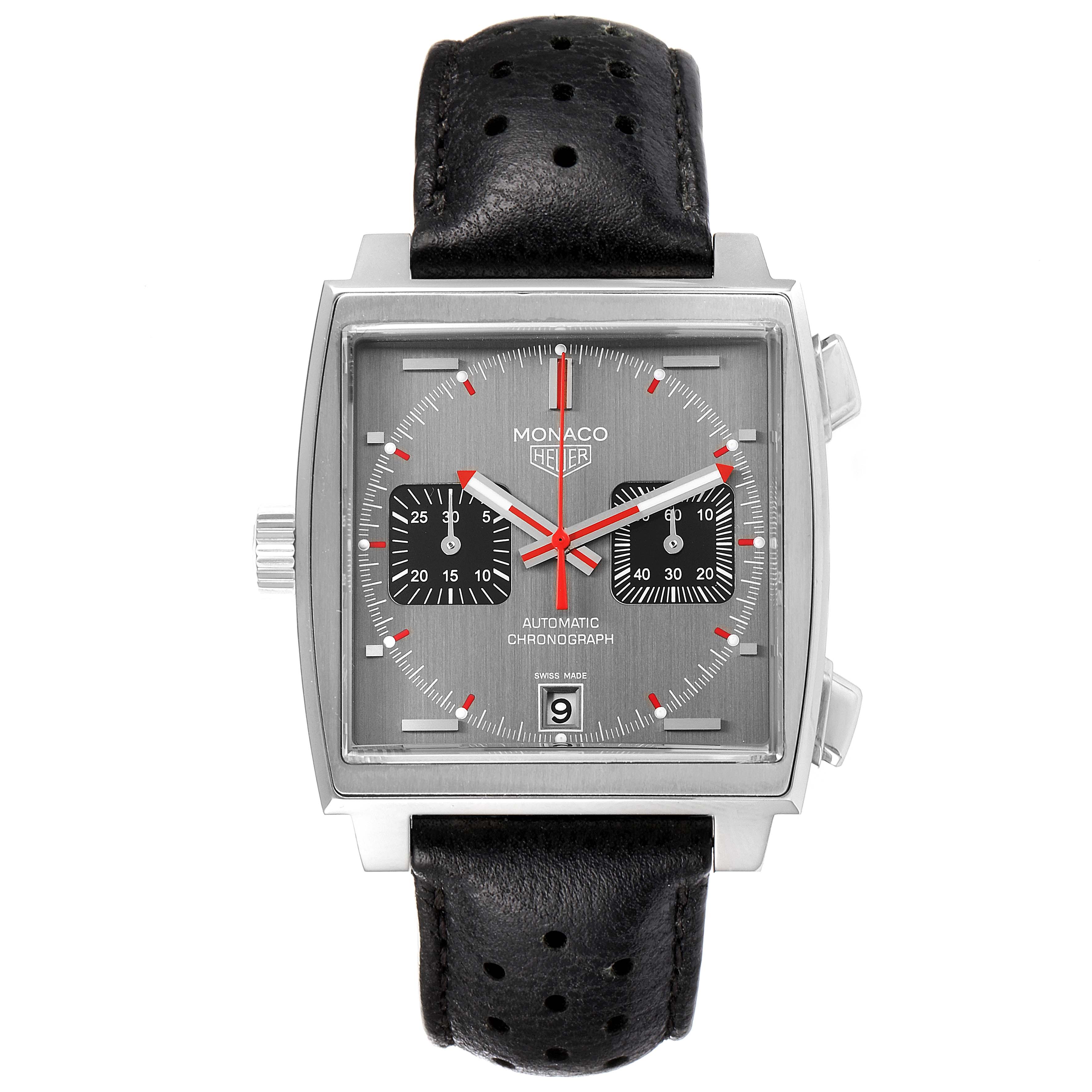 The image shows a front view of the Tag Heuer Monaco Limited Edition watch, featuring a square dial and black leather strap.