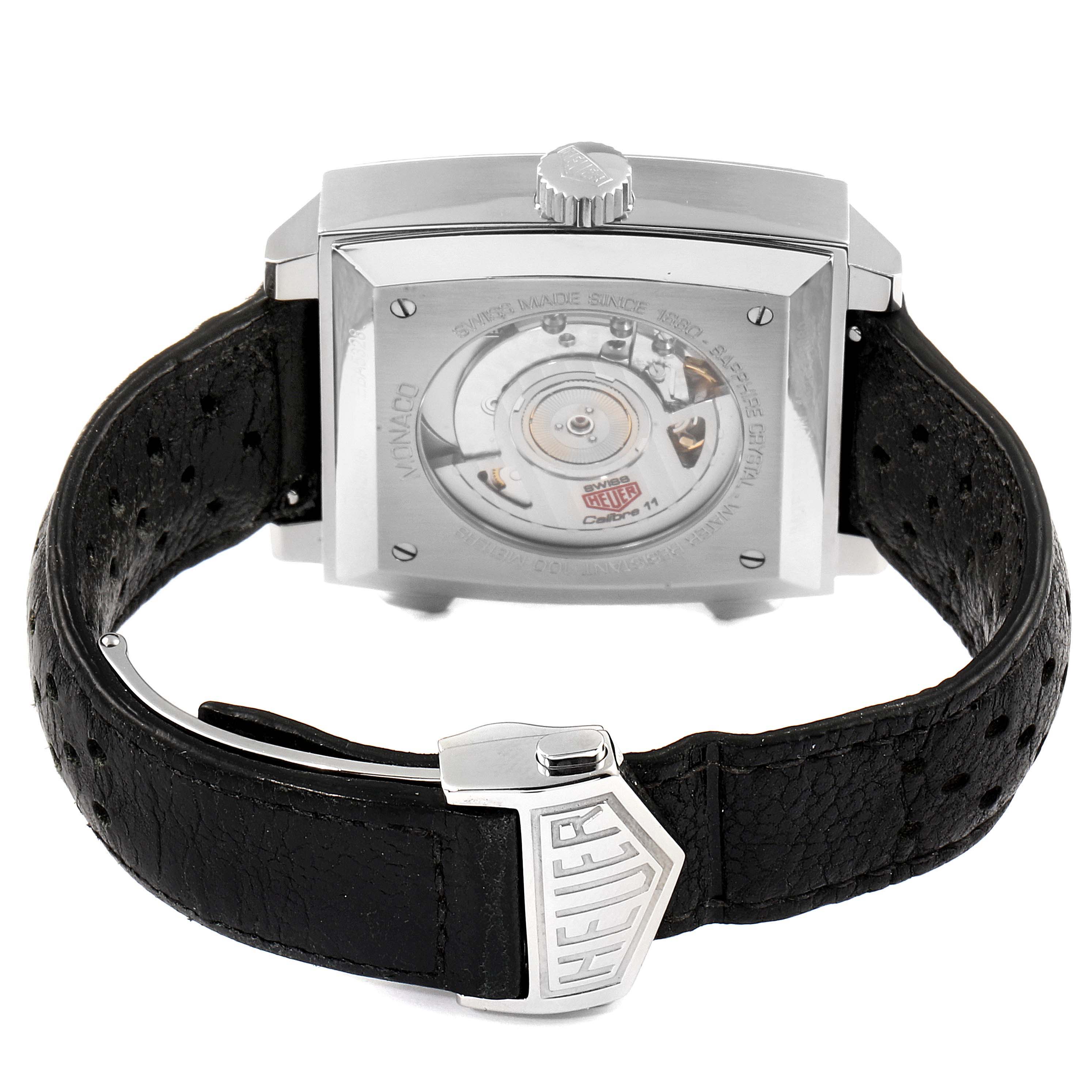The image shows the back view of the Tag Heuer Monaco Limited Edition watch, focusing on its movement and leather strap.