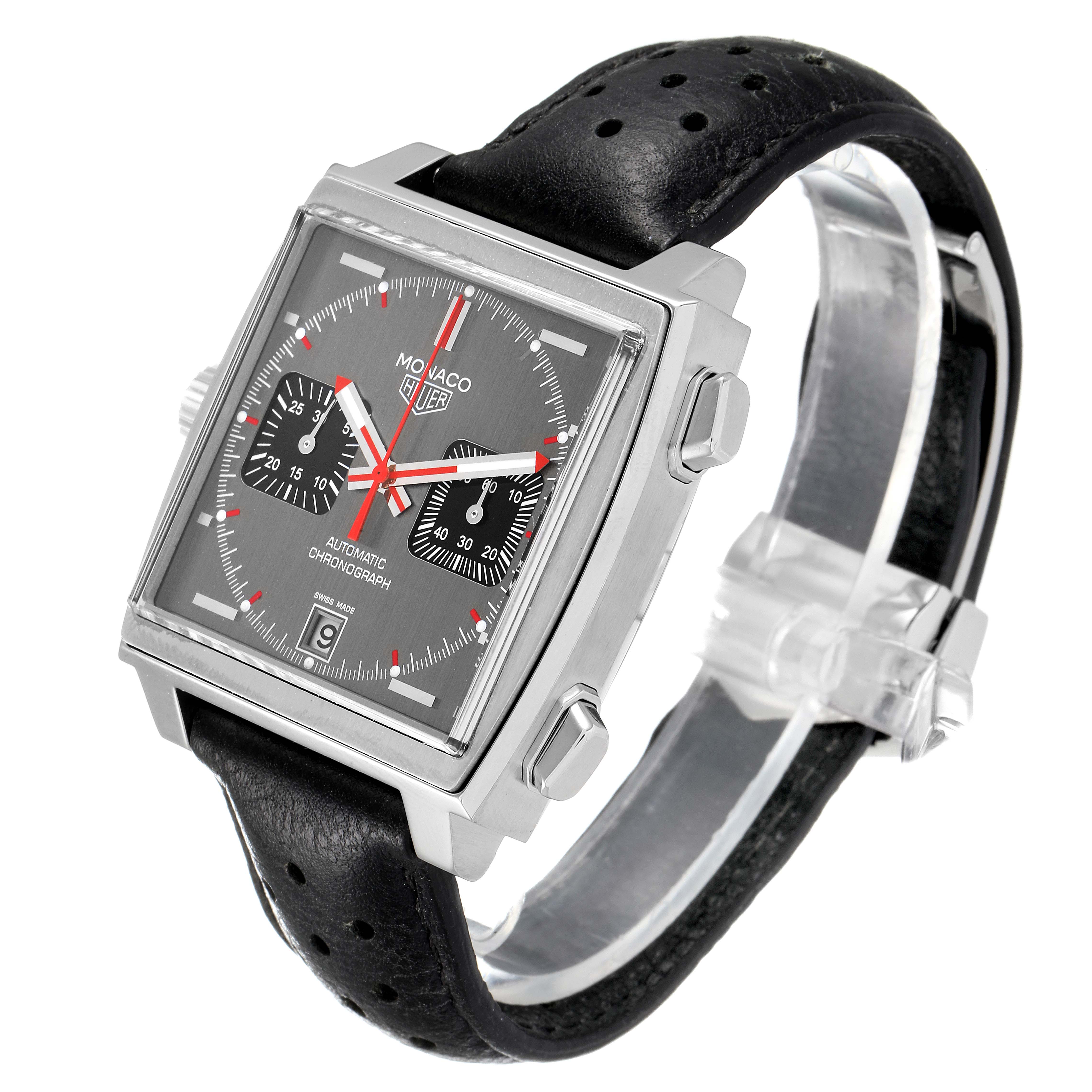 This image shows a Tag Heuer Monaco Limited Edition watch, angled to display the dial, case, and part of the leather strap.