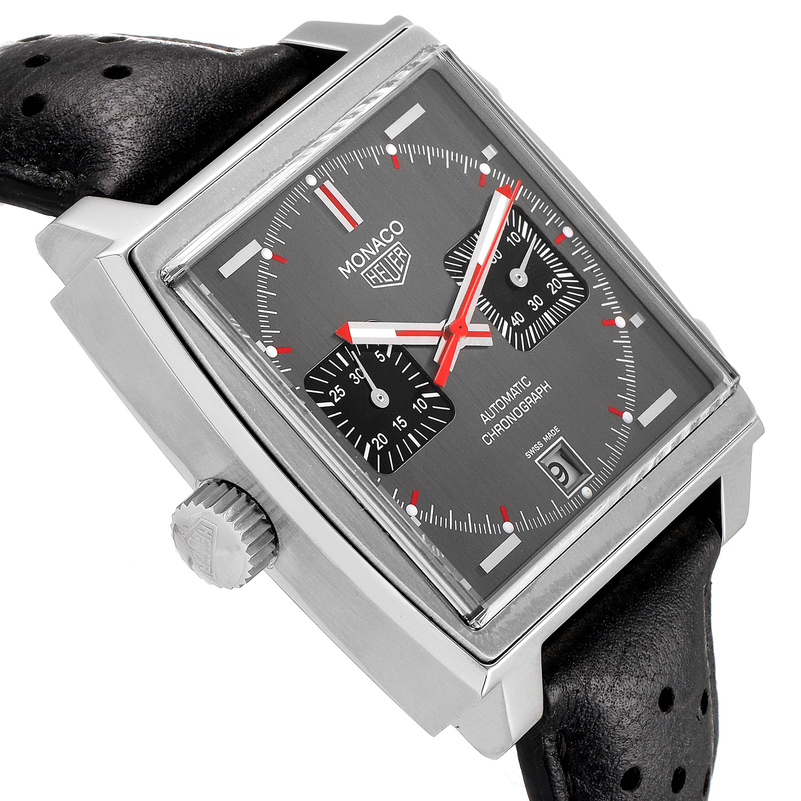 The image shows a close-up angle of a Tag Heuer Monaco Limited Edition watch, highlighting its rectangular face, crown, and black leather strap.