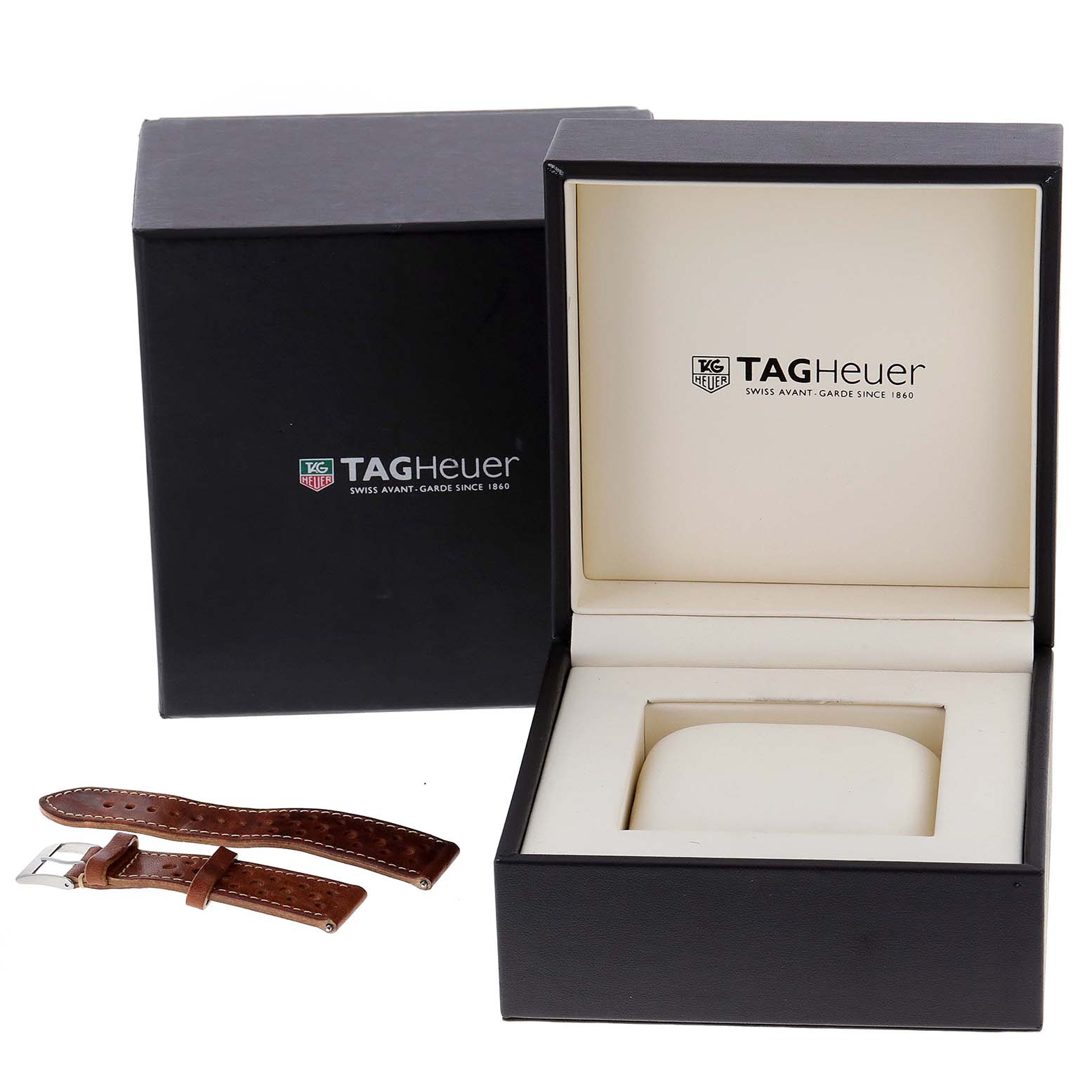 This image shows the Tag Heuer Limited Edition CAW211B Men's Stainless Steel Grey Dial CAW211B Men's Stainless Steel Grey Dial watch box with leather straps, presented from a front angle.