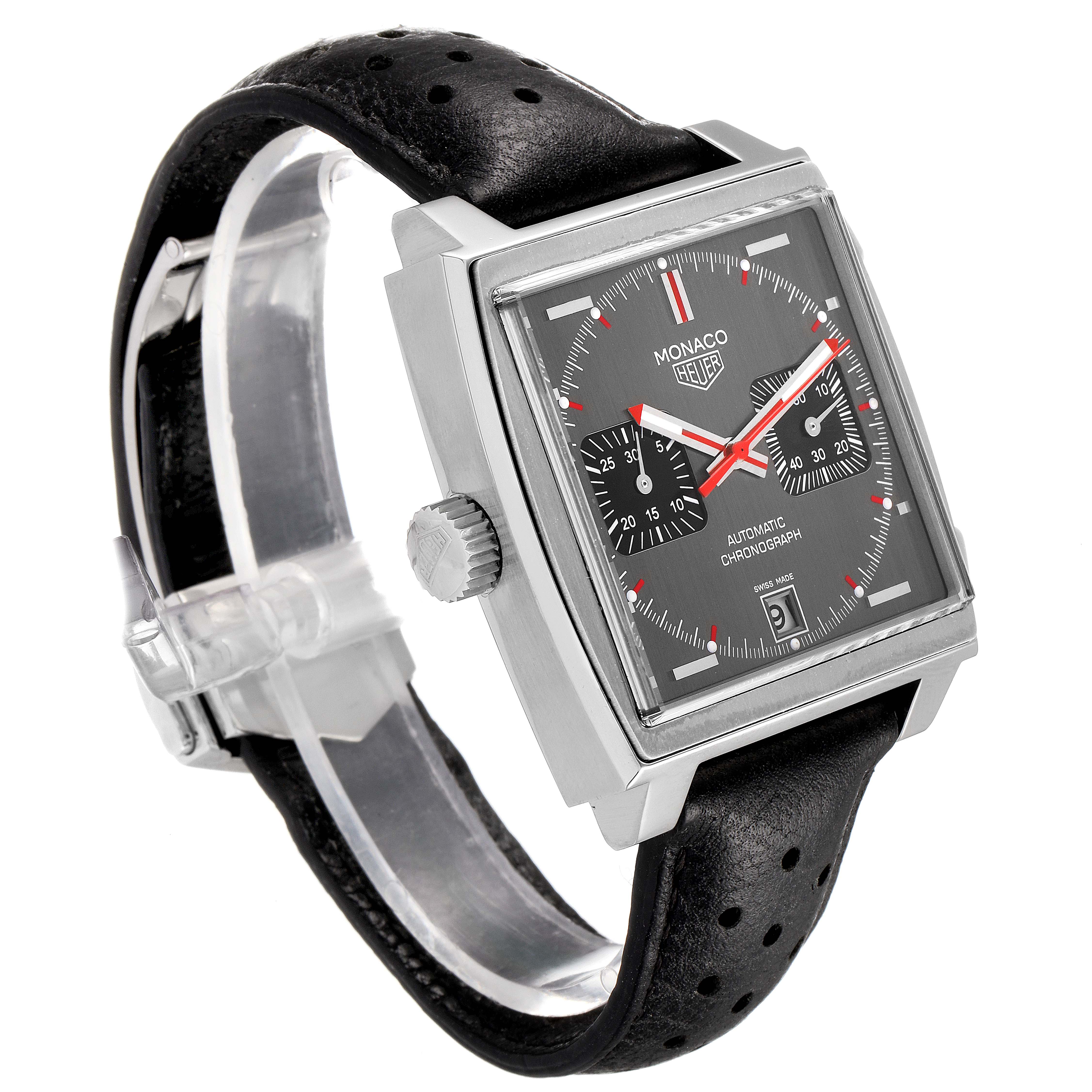 This Tag Heuer Monaco Limited Edition watch is shown at an angle, highlighting its square face, side crown, and black leather strap.