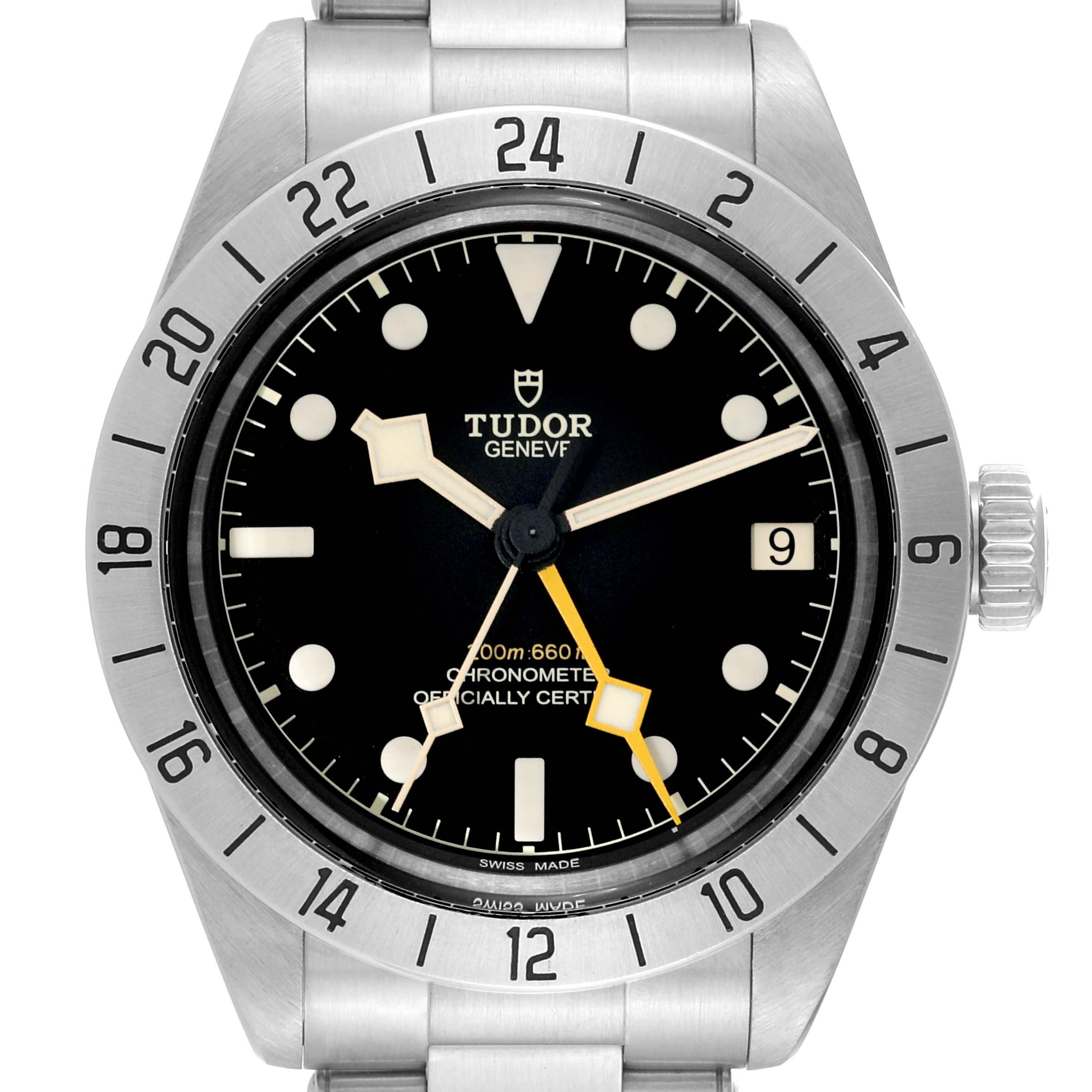 The image shows a front view of the Tudor Heritage Black Bay M79470-001 Men
s Stainless Steel Black Dial M79470-001 Men
s Stainless Steel Black Dial watch, displaying the dial, bezel, and part of the bracelet.