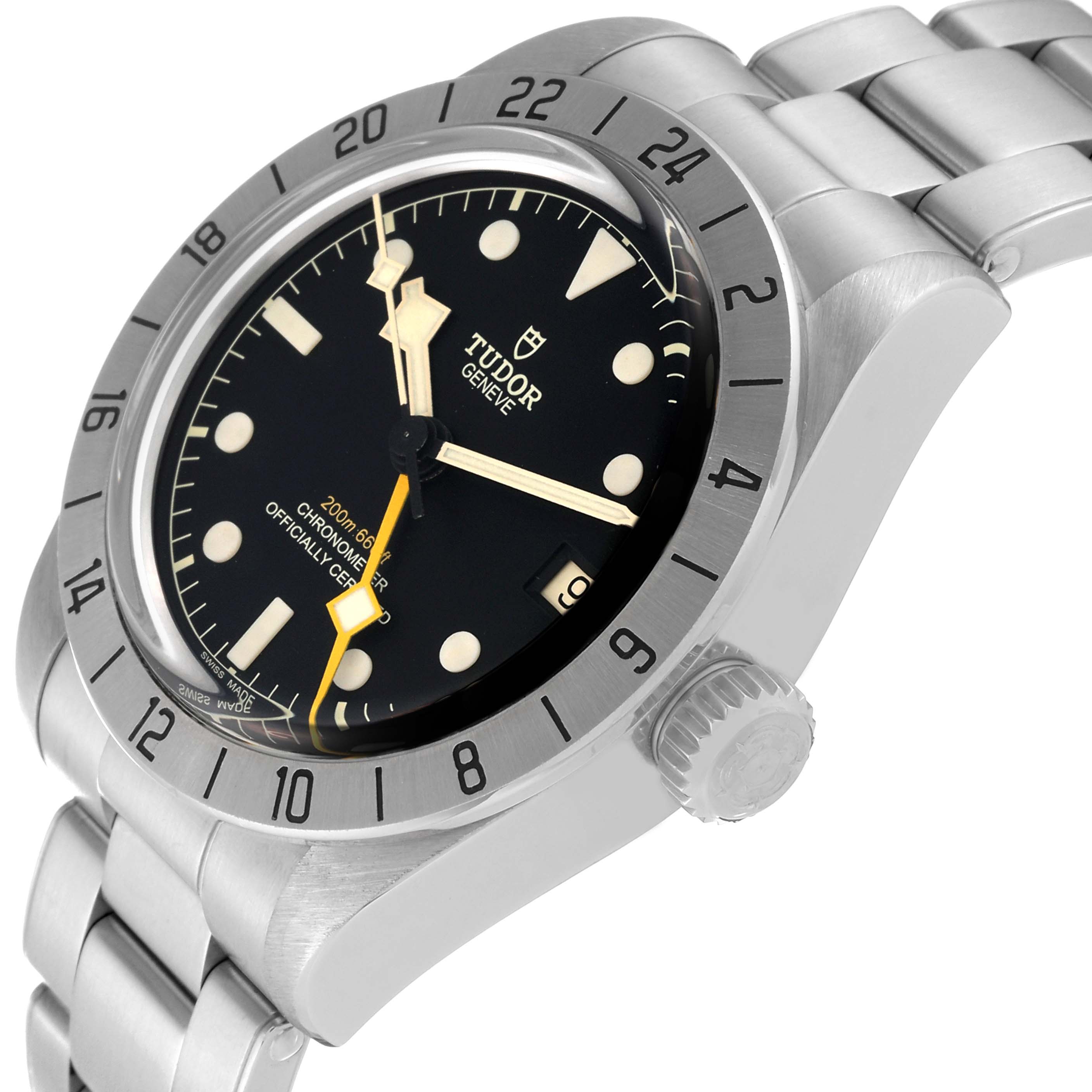 The image shows a Tudor Heritage Black Bay M79470-001 Men
s Stainless Steel Black Dial M79470-001 Men
s Stainless Steel Black Dial watch at an oblique angle, highlighting the dial, bezel, crown, and part of the bracelet.