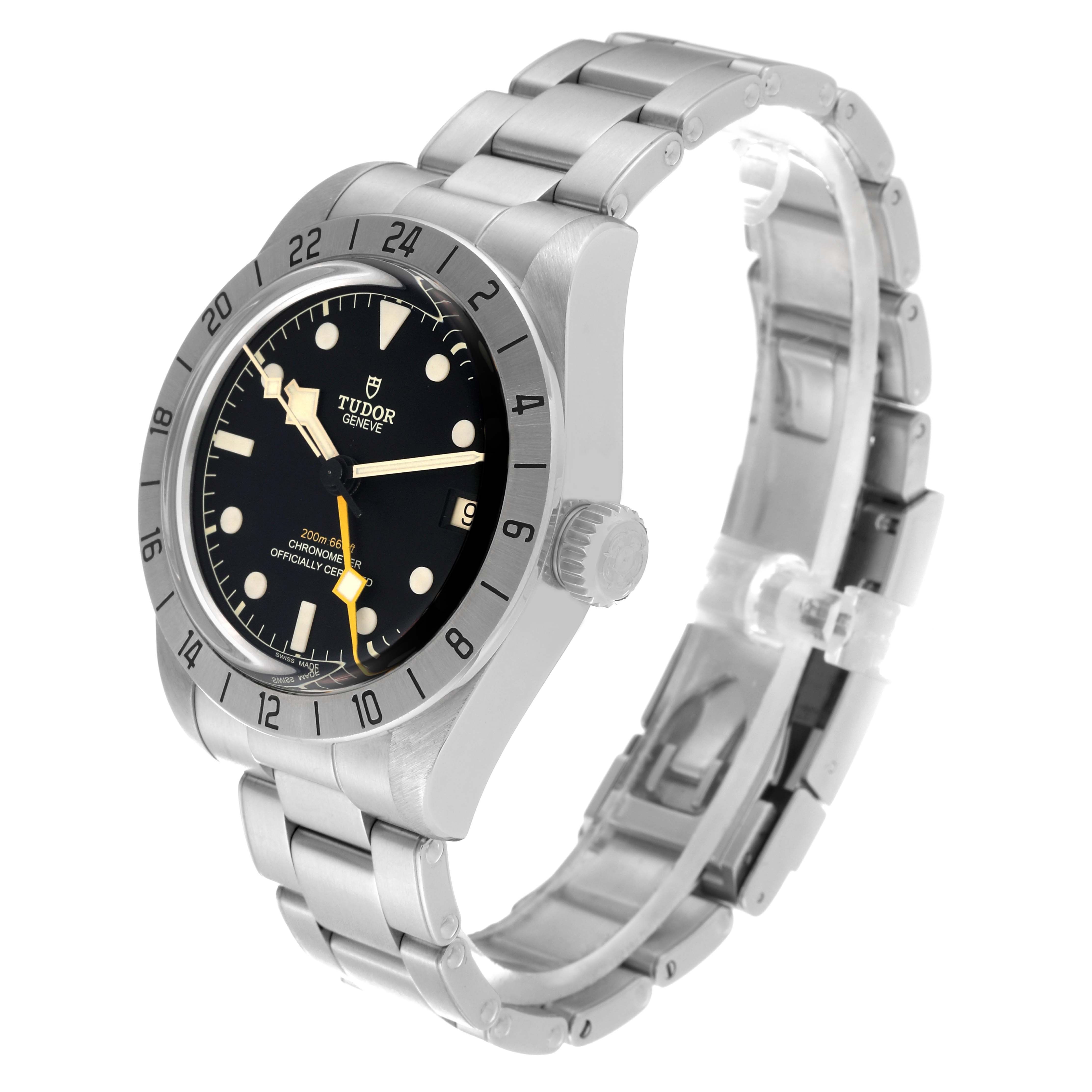 The Tudor Heritage Black Bay M79470-001 Men
s Stainless Steel Black Dial M79470-001 Men
s Stainless Steel Black Dial watch is shown at a three-quarter angle, displaying the dial, bezel, crown, and bracelet.