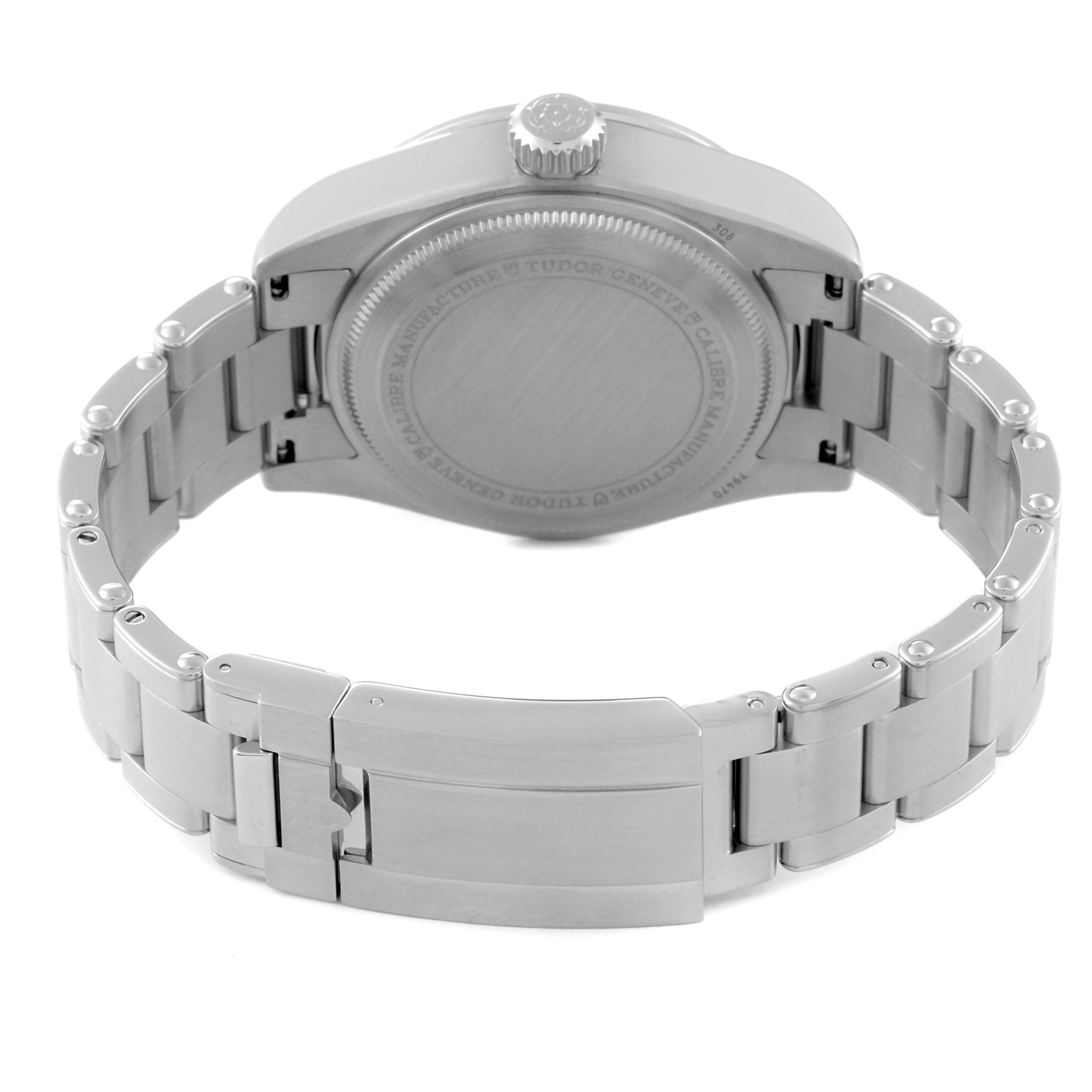 The image shows the back case and bracelet clasp of a Tudor Heritage Black Bay M79470-001 Men
s Stainless Steel Black Dial M79470-001 Men
s Stainless Steel Black Dial watch, viewed from the rear.