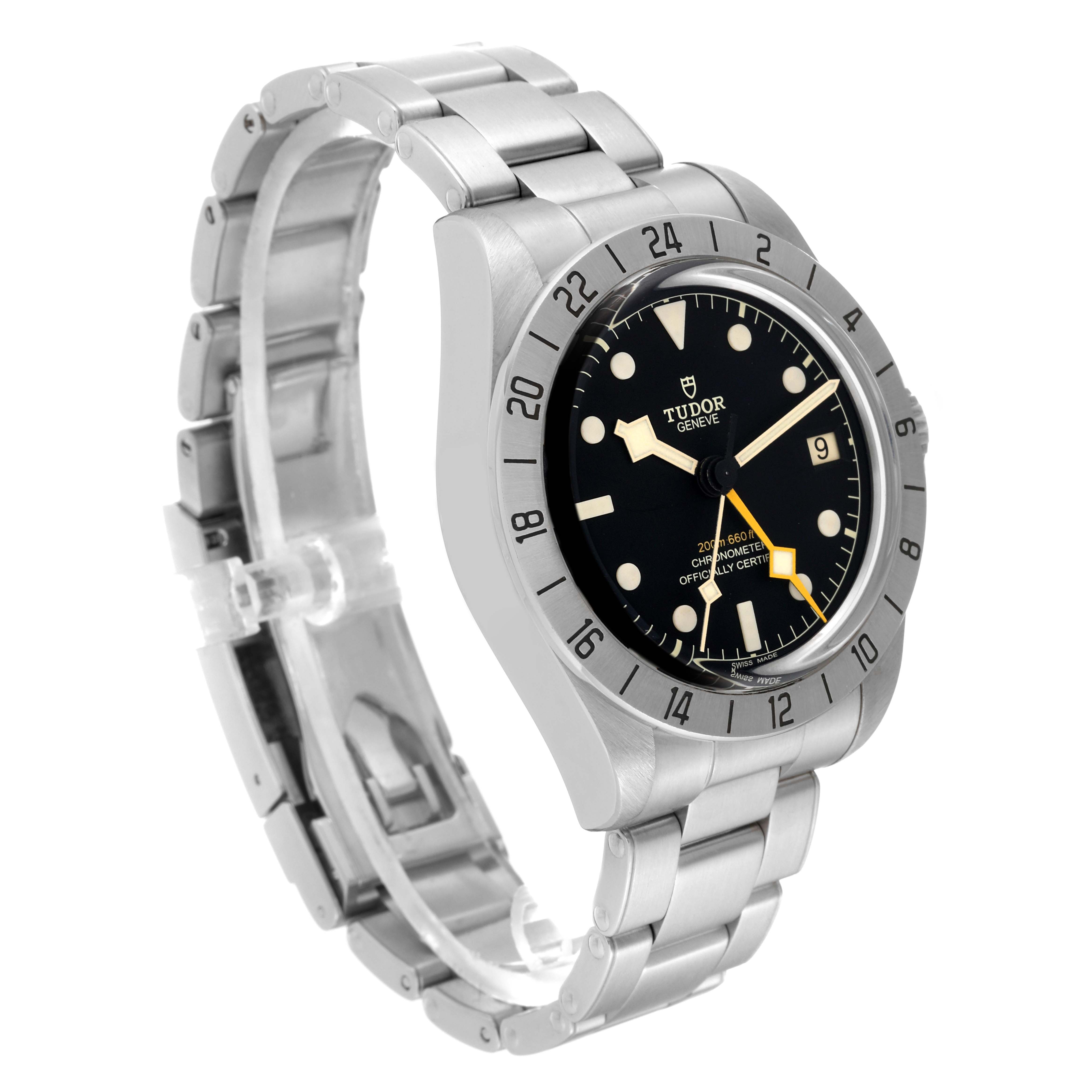 The image shows a Tudor Heritage Black Bay M79470-001 Men
s Stainless Steel Black Dial M79470-001 Men
s Stainless Steel Black Dial watch at a three-quarter angle, highlighting the bracelet, bezel, and face.