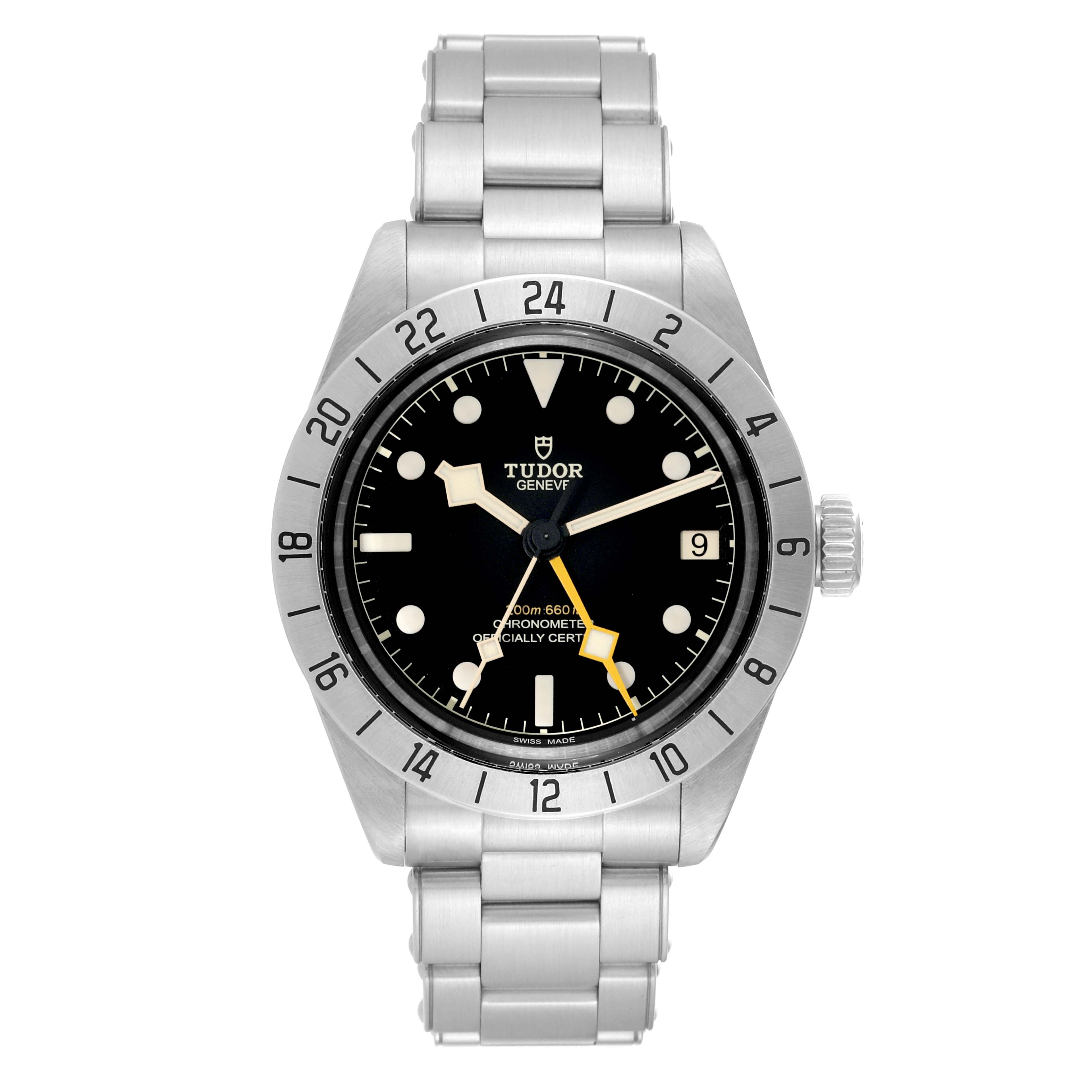 The image shows a front-facing view of the Tudor Heritage Black Bay M79470-001 Men
s Stainless Steel Black Dial M79470-001 Men
s Stainless Steel Black Dial watch, featuring its stainless steel bracelet, black dial, and bezel.