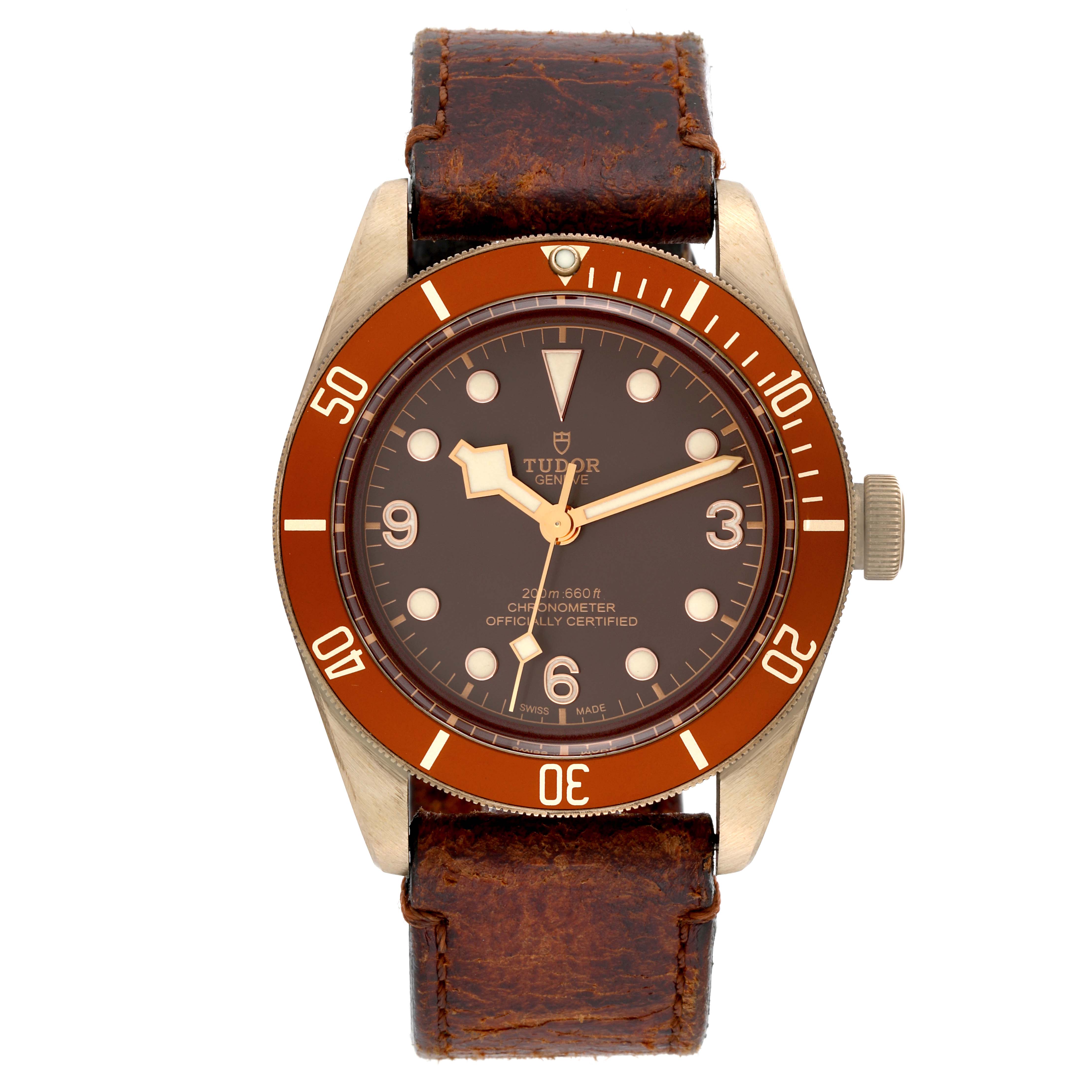 The image shows a front view of the Tudor Heritage Black Bay 79250B Men's Bronze Brown Dial 79250B Men's Bronze Brown Dial watch, featuring a brown dial, orange bezel, and leather strap.