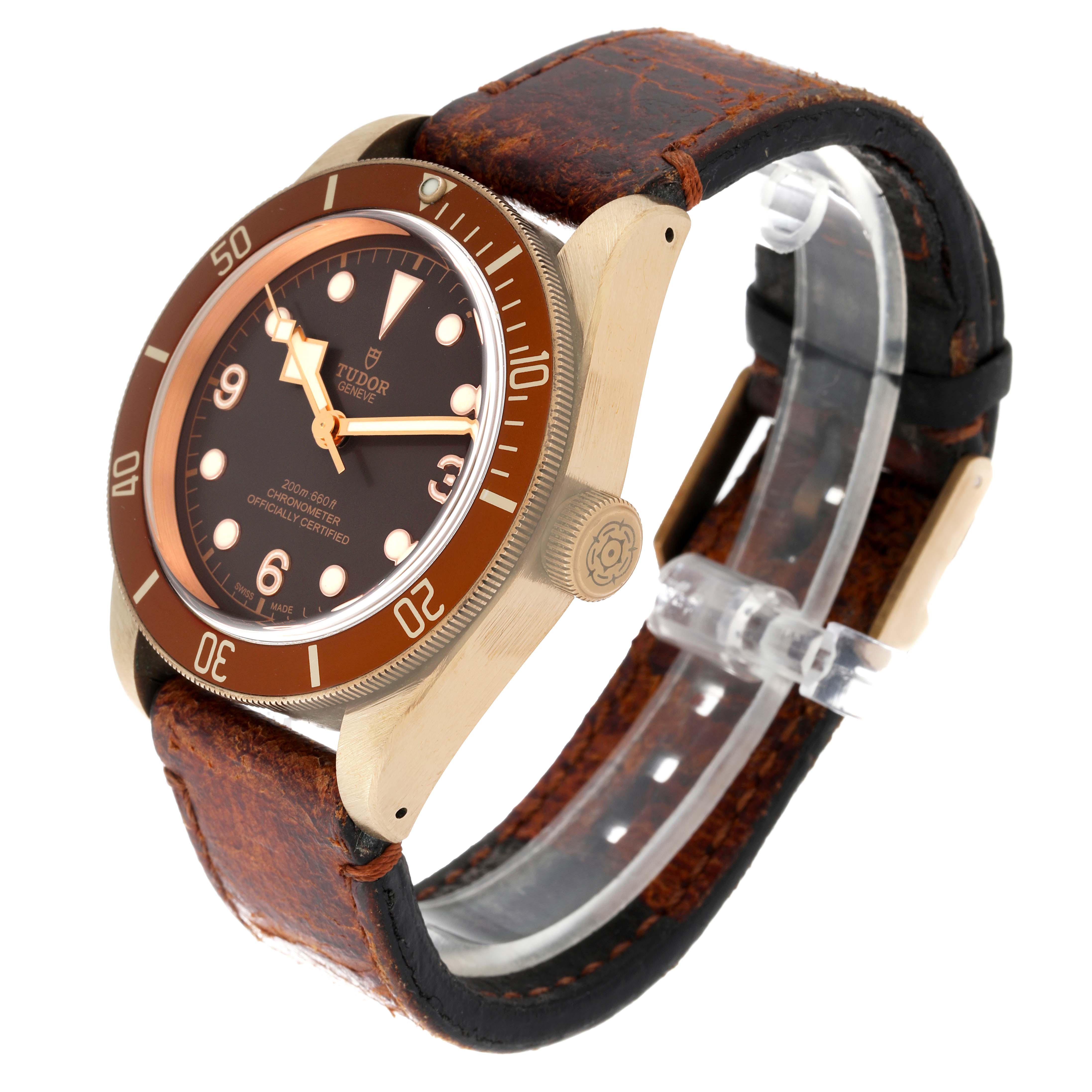 The image shows a Heritage Black Bay model by Tudor at a three-quarter angle, highlighting the dial, bezel, crown, and leather strap.