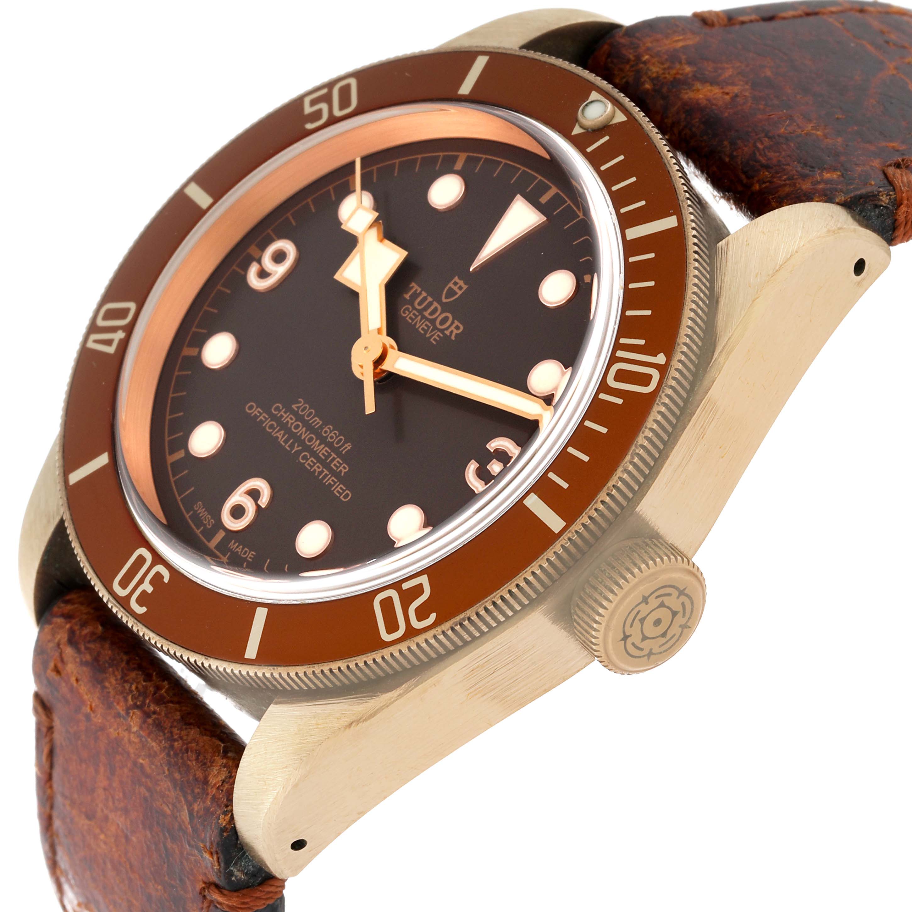 The Tudor Heritage Black Bay 79250B Men's Bronze Brown Dial 79250B Men's Bronze Brown Dial watch is shown from a low diagonal angle, highlighting the dial, bezel, crown, and leather strap parts.