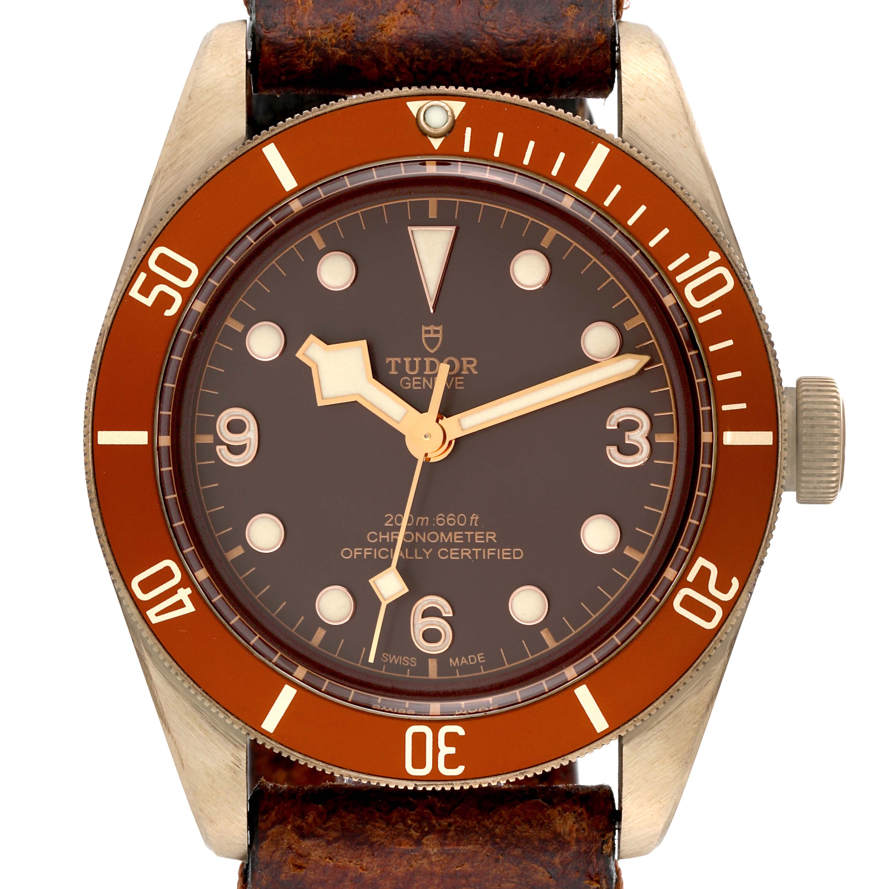 The Tudor Heritage Black Bay 79250B Men's Bronze Brown Dial 79250B Men's Bronze Brown Dial watch is shown from a front view, highlighting the dial, bezel, and part of the leather strap.