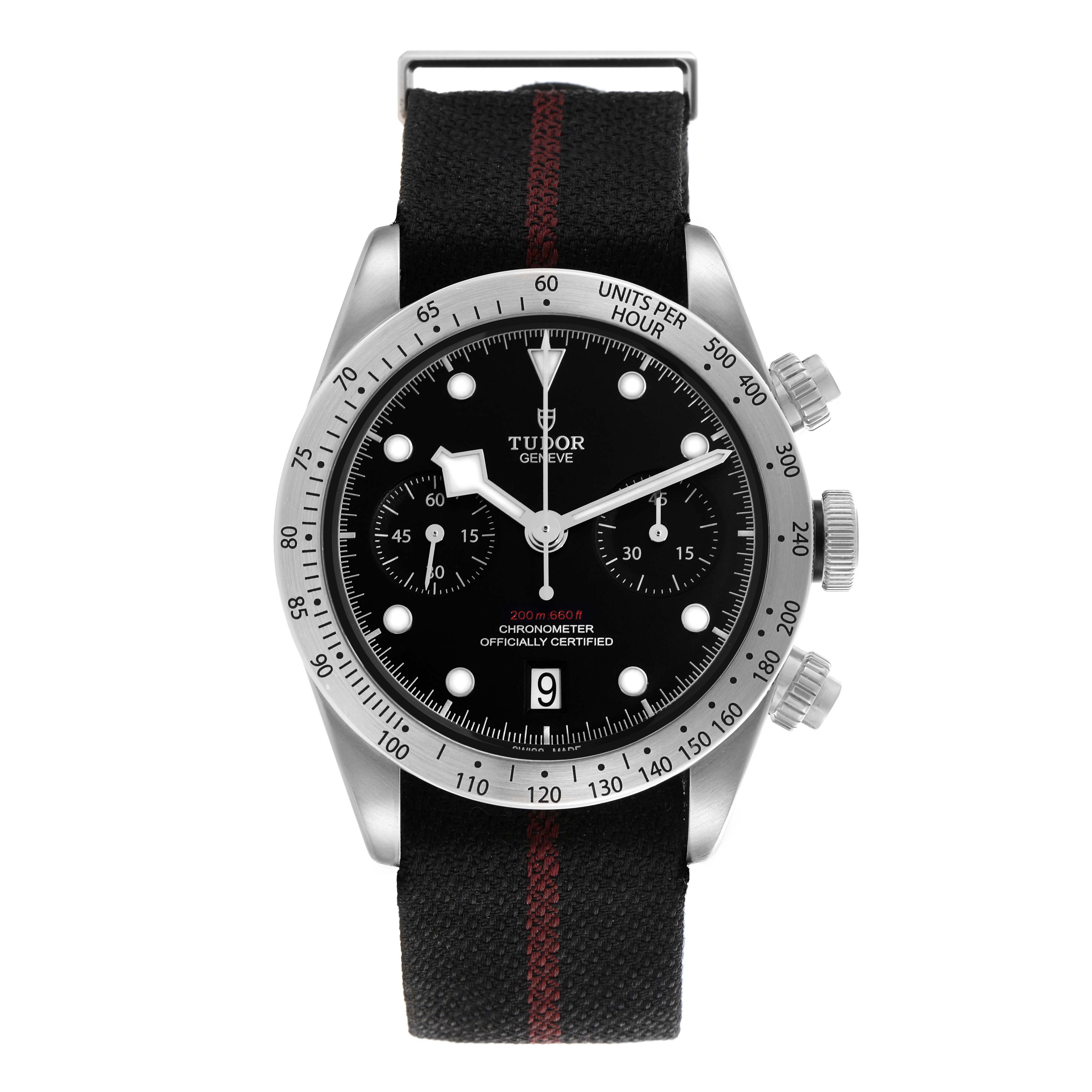 The Tudor Heritage Black Bay 79350 Men
s Stainless Steel Black Dial 79350 Men
s Stainless Steel Black Dial watch is shown from the front, highlighting the dial, bezel, and strap.