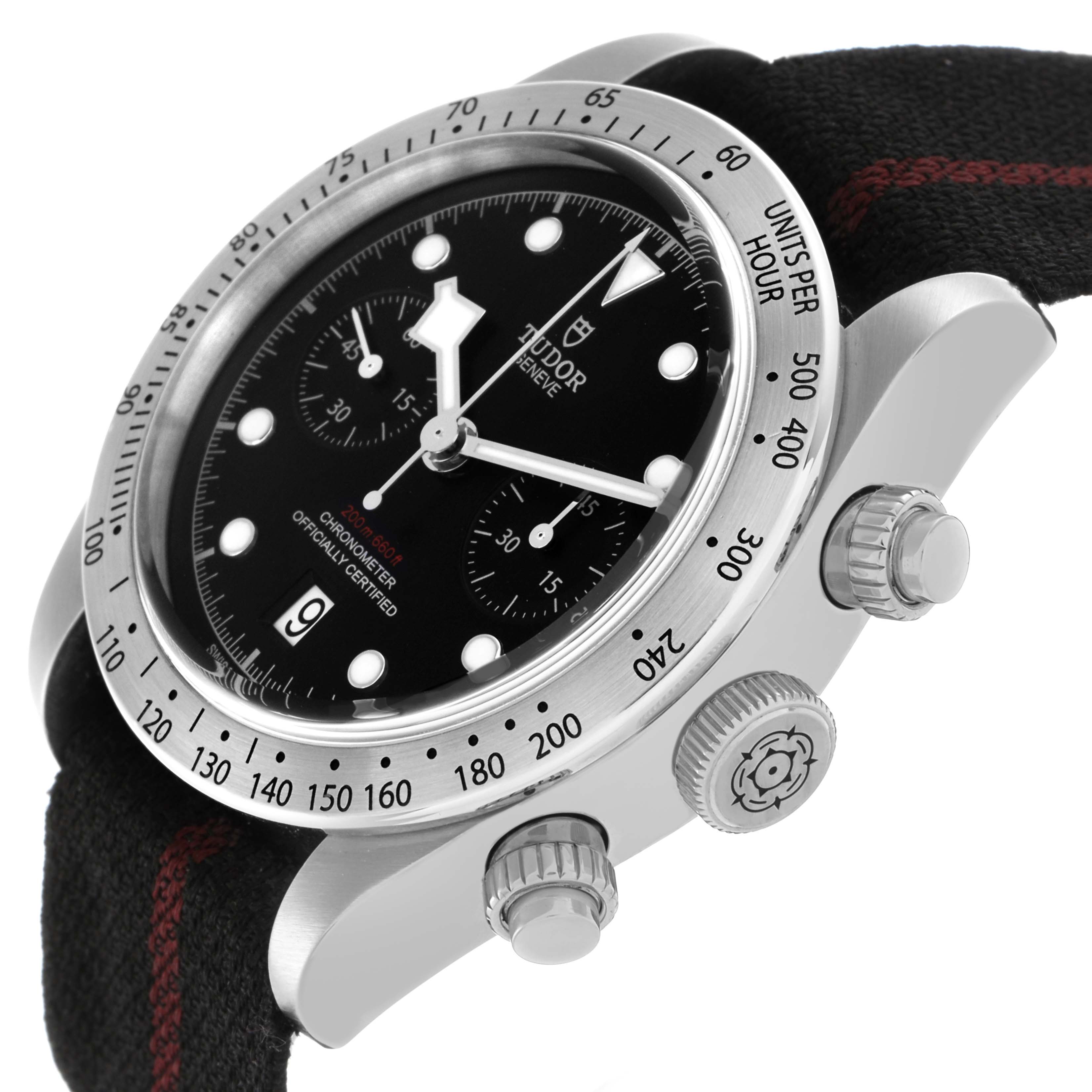 The Tudor Heritage Black Bay 79350 Men
s Stainless Steel Black Dial 79350 Men
s Stainless Steel Black Dial watch is shown at an angle, displaying the dial, bezel, crown, and pushers.