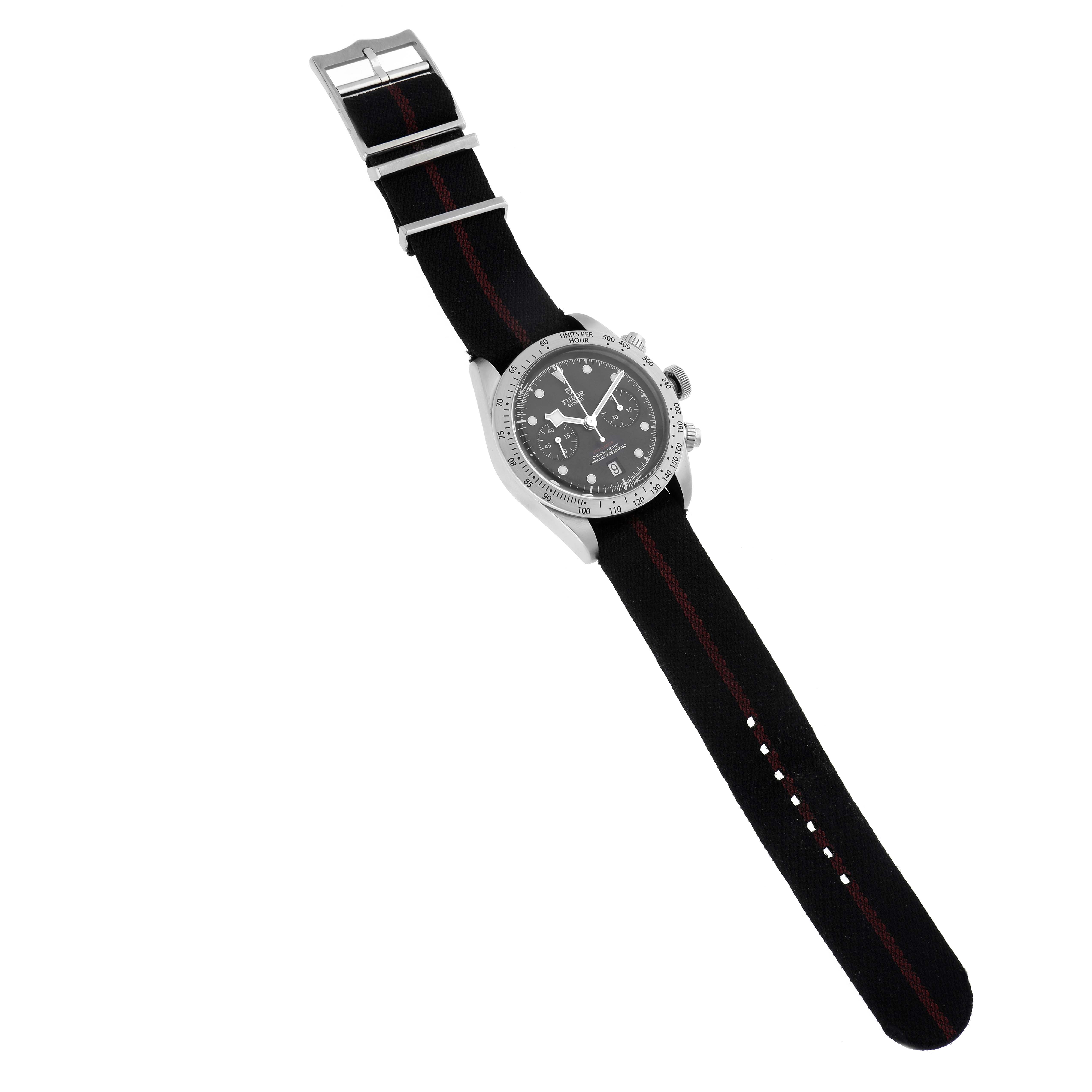 The image shows a Tudor Heritage Black Bay 79350 Men
s Stainless Steel Black Dial 79350 Men
s Stainless Steel Black Dial watch at an angled top view, highlighting the strap, bezel, and dial.