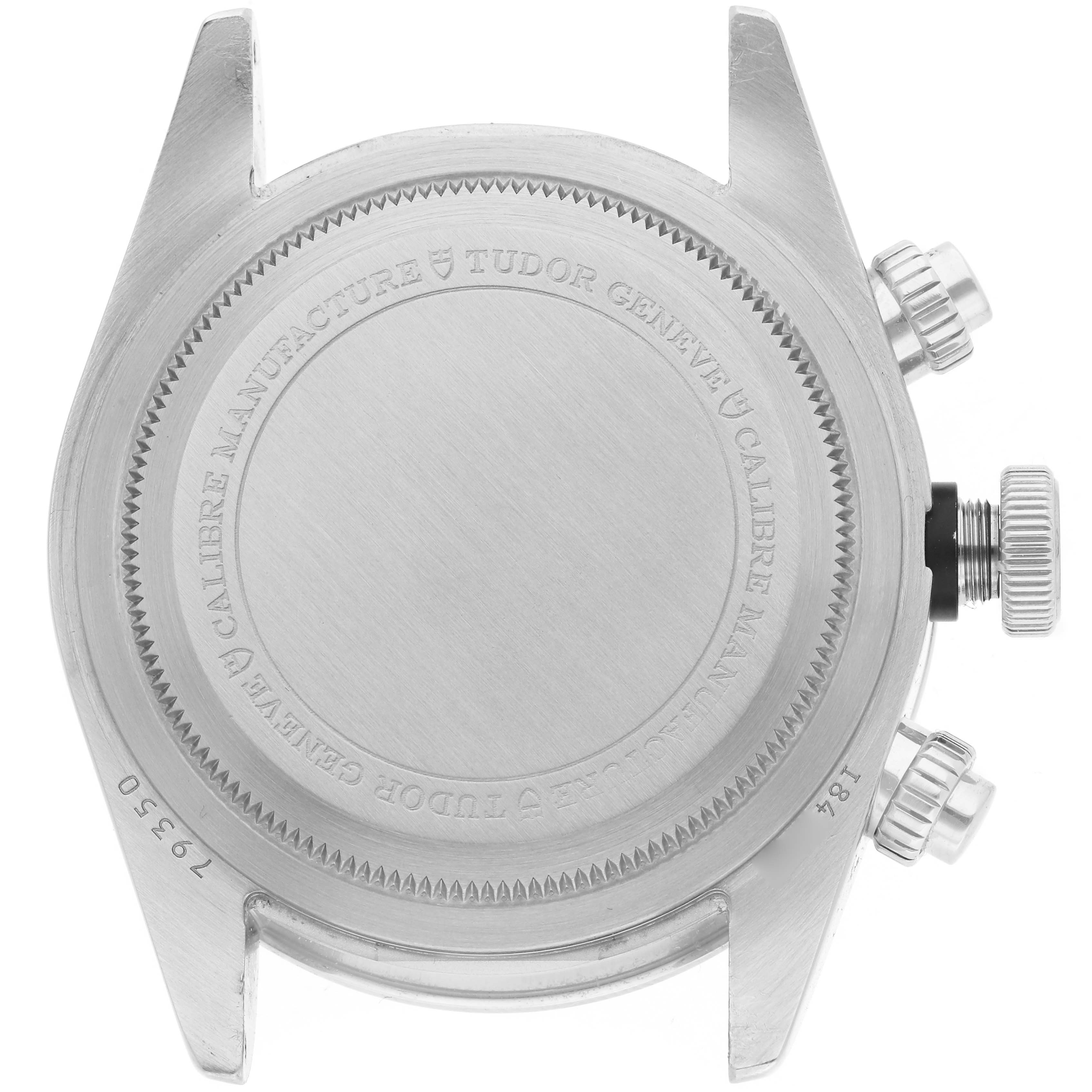 The image shows the case back and side crown of the Tudor Heritage Black Bay 79350 Men
s Stainless Steel Black Dial 79350 Men
s Stainless Steel Black Dial watch.