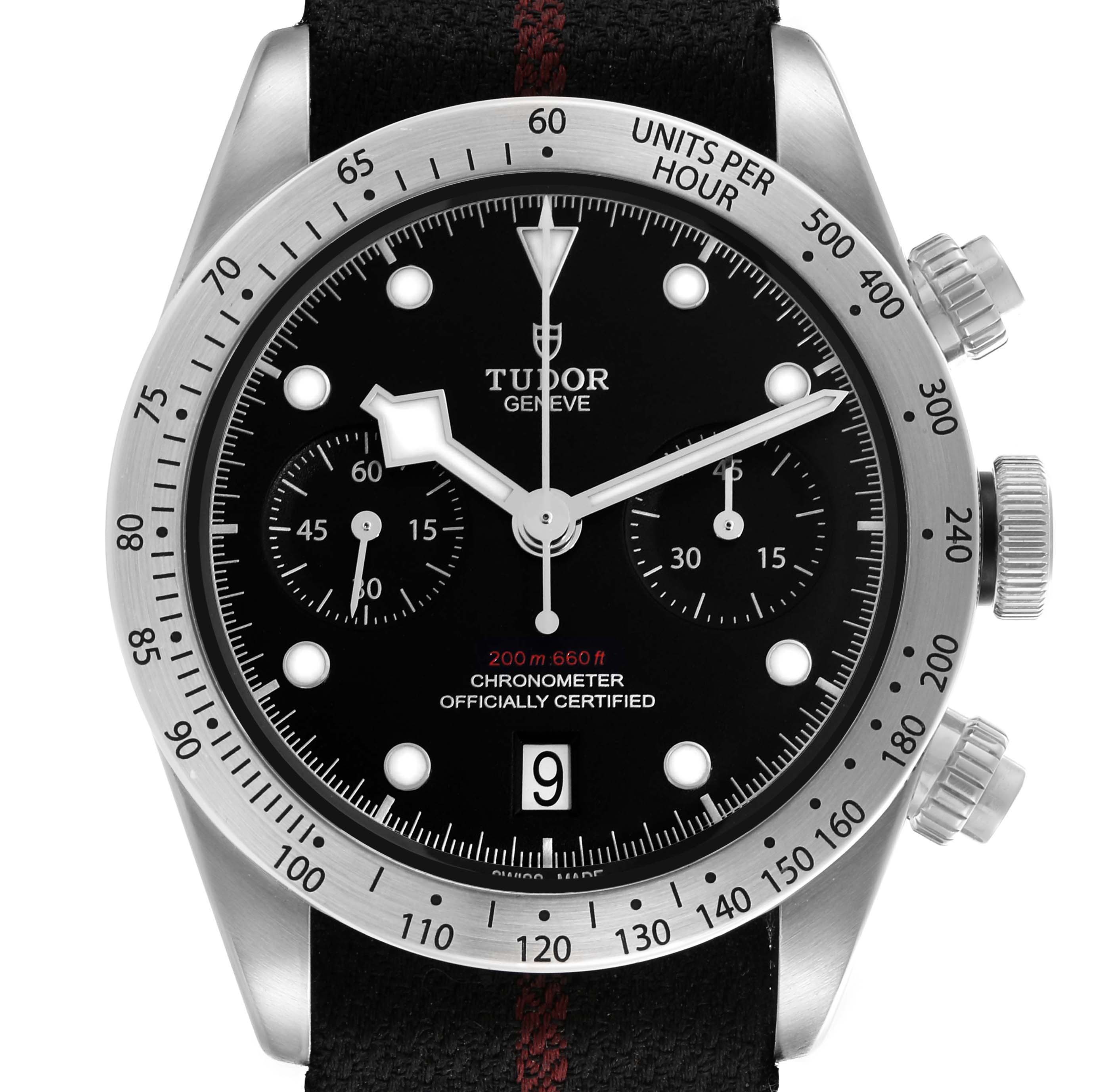 The Tudor Heritage Black Bay 79350 Men
s Stainless Steel Black Dial 79350 Men
s Stainless Steel Black Dial watch is shown from the front, displaying the dial, bezel, and crown.