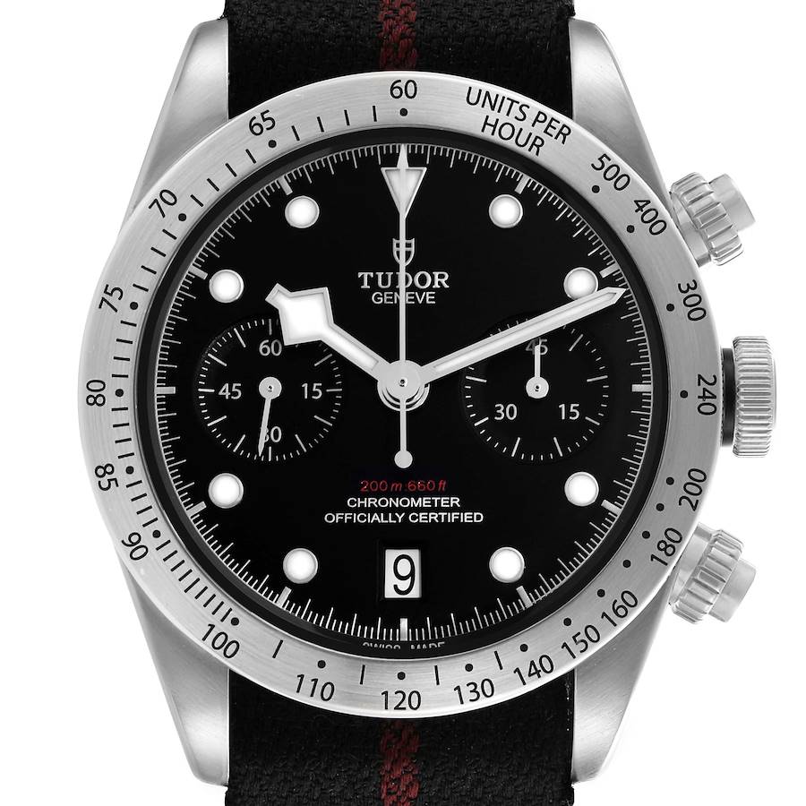 The Tudor Heritage Black Bay watch is shown from the front, displaying the dial, bezel, and crown.