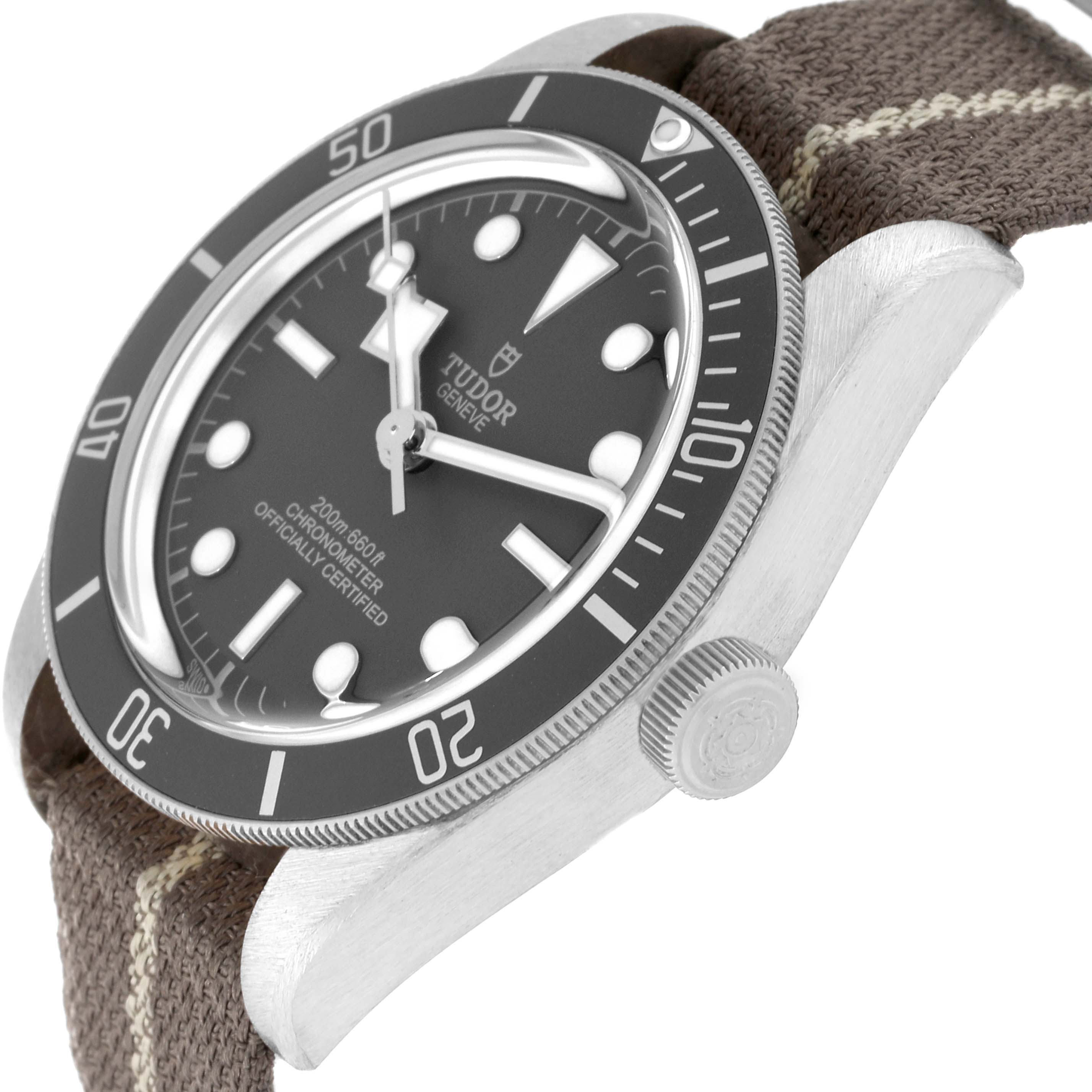 This angled shot of the Tudor Heritage Black Bay 79010SG Men
s Stainless Steel Grey Dial 79010SG Men
s Stainless Steel Grey Dial watch shows the face, bezel, crown, and fabric strap.