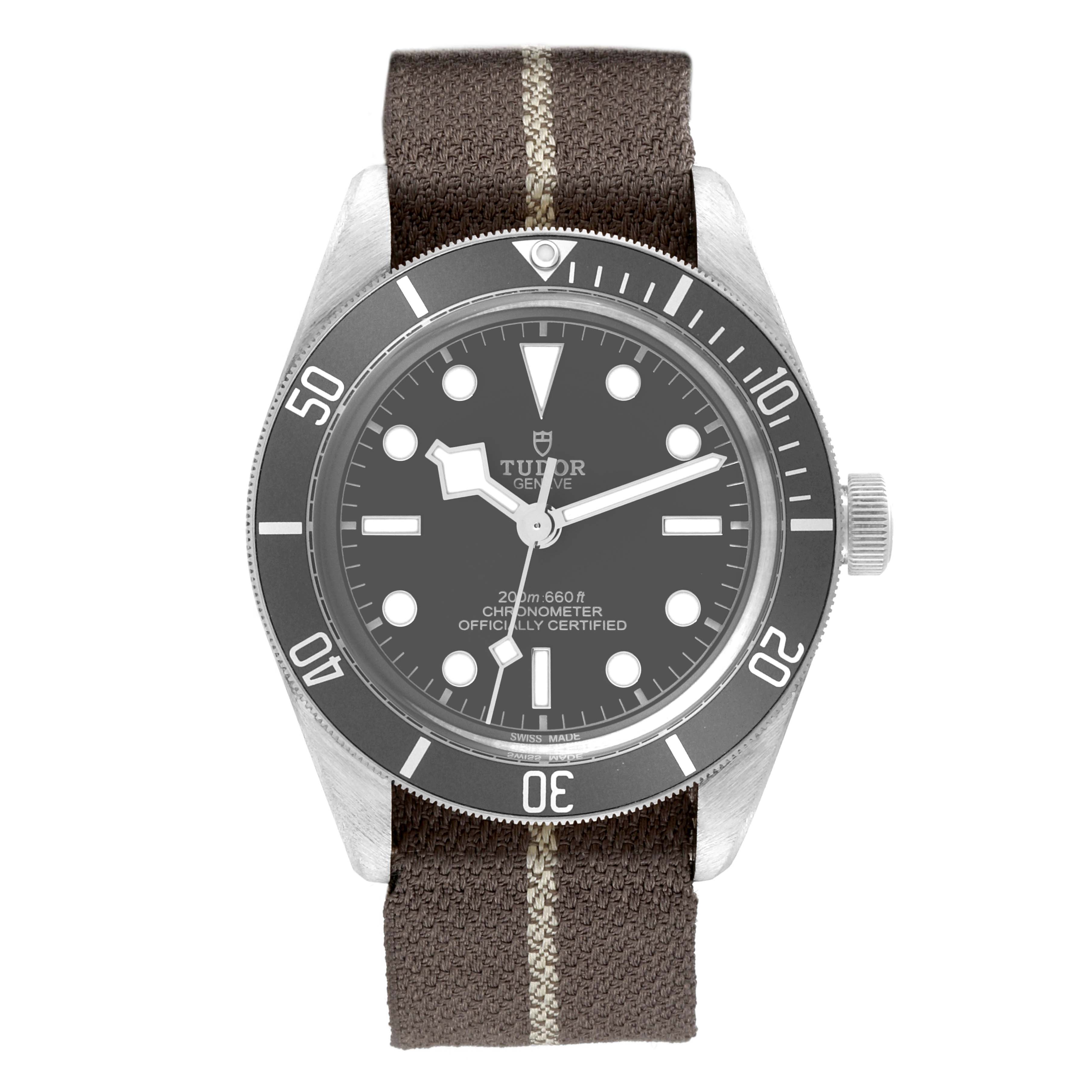 The Tudor Heritage Black Bay 79010SG Men
s Stainless Steel Grey Dial 79010SG Men
s Stainless Steel Grey Dial watch is shown from a front angle, featuring its dial, bezel, and fabric strap.